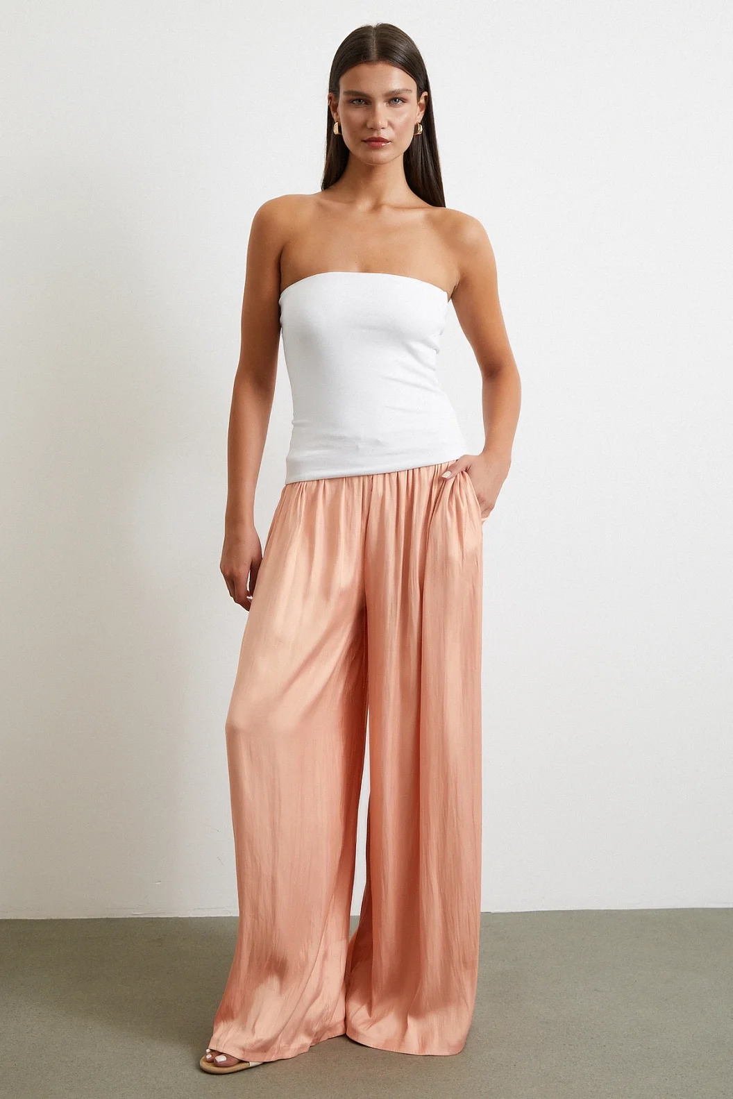 Elasticated Waist Wide Legged Pants with Ruffled Hem Powder