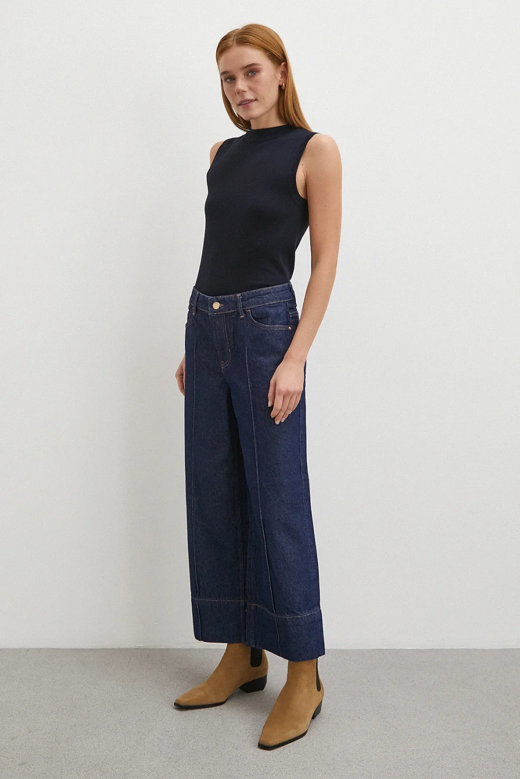 Yüksek Bel Paça Detaylı Jean Lacivert