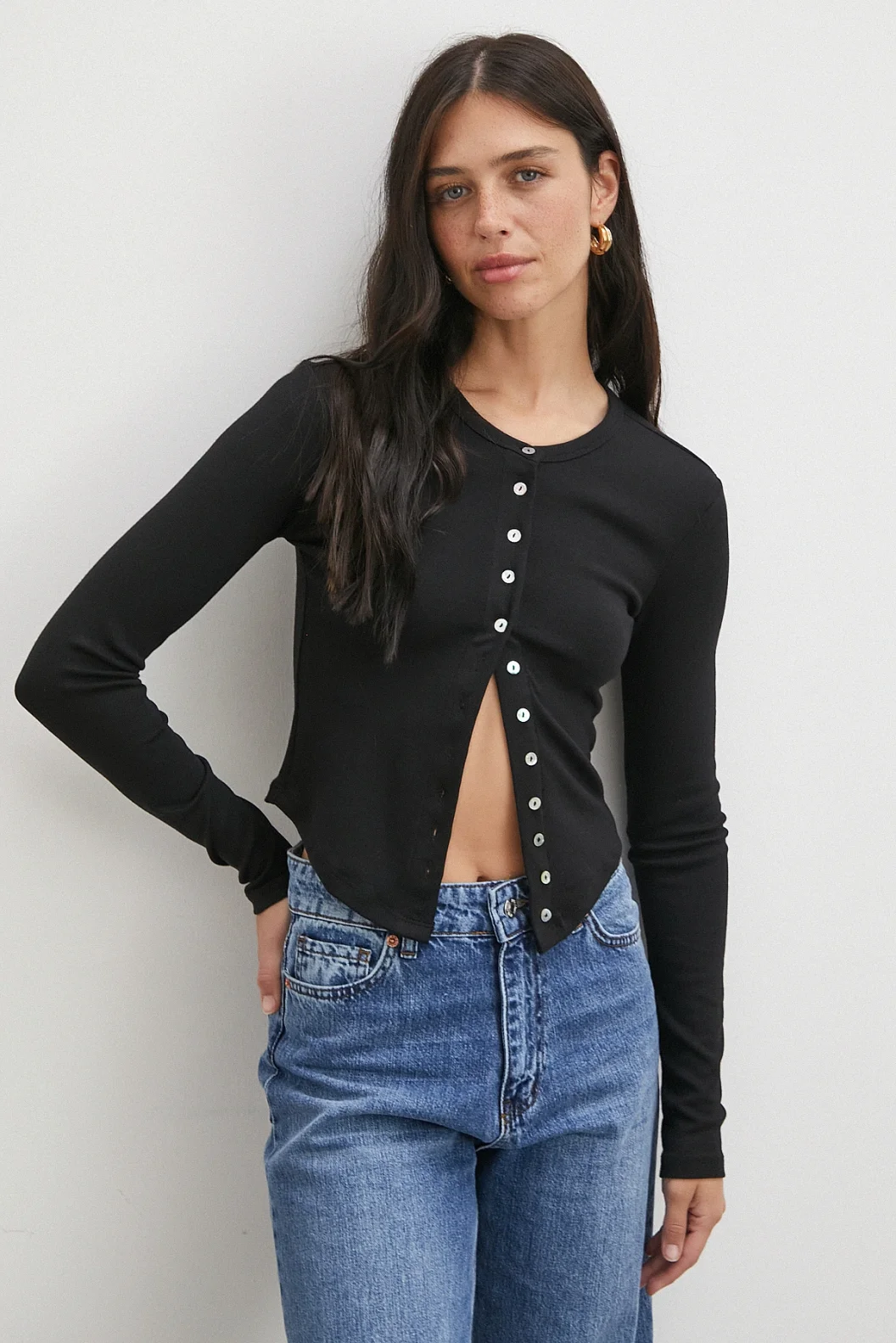 Düğmeli Uzun Kol Bluz Siyah