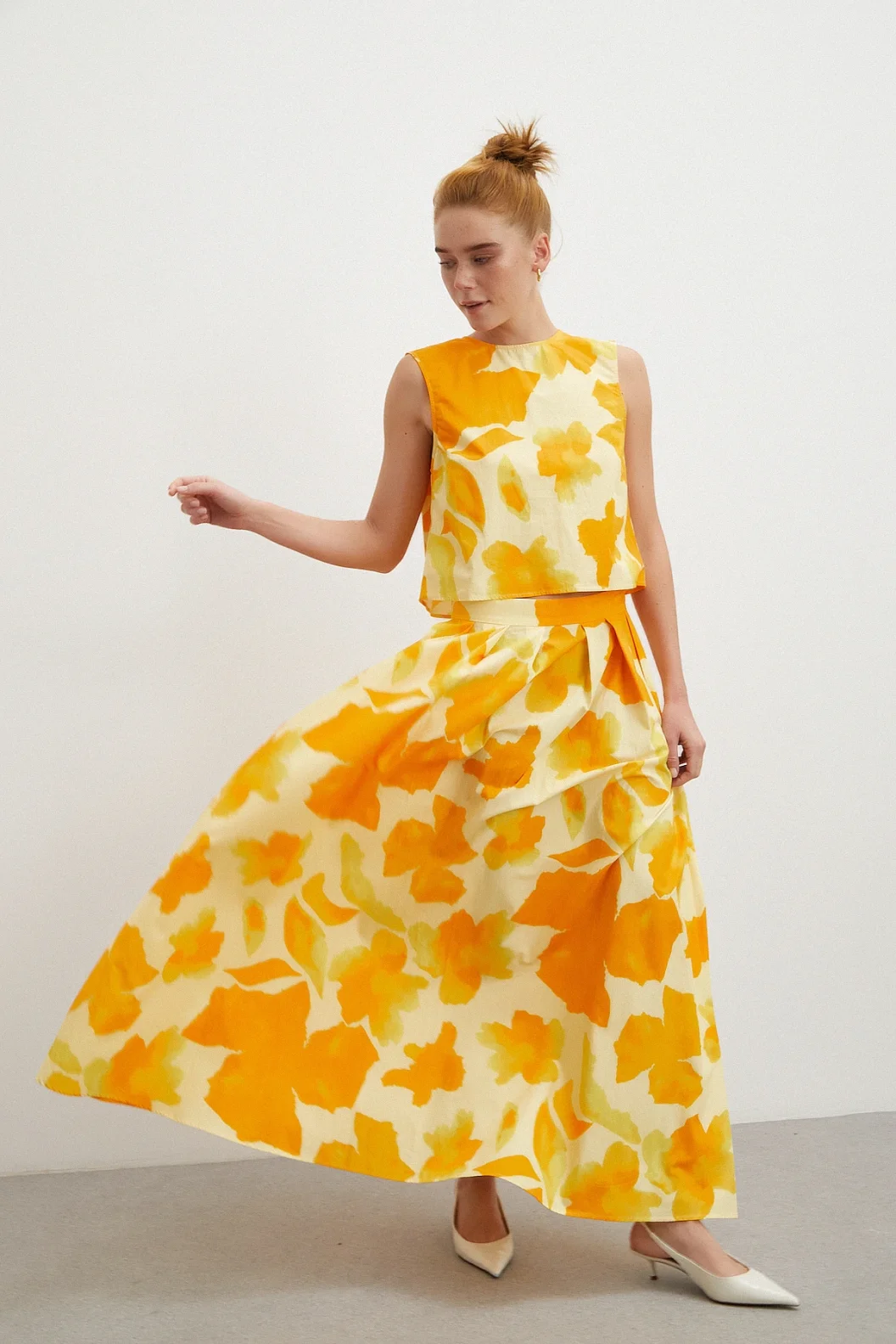 Elastic Waistband Batik Patterned Pleated Skirt Yellow