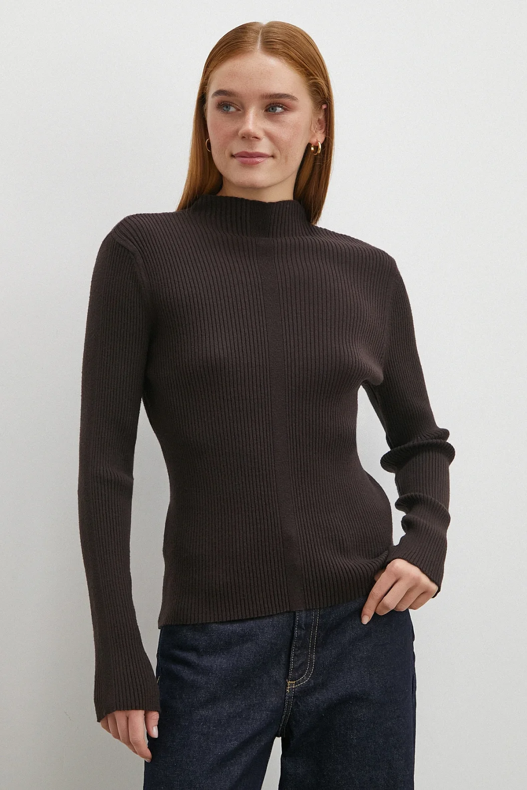 Fitilli Yarım Balıkçı Yaka Kazak Kahve