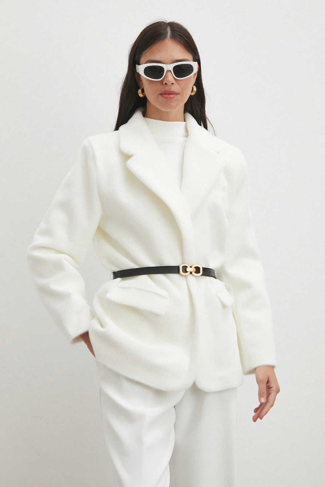 Kemerli Tay Flock Ceket Beyaz