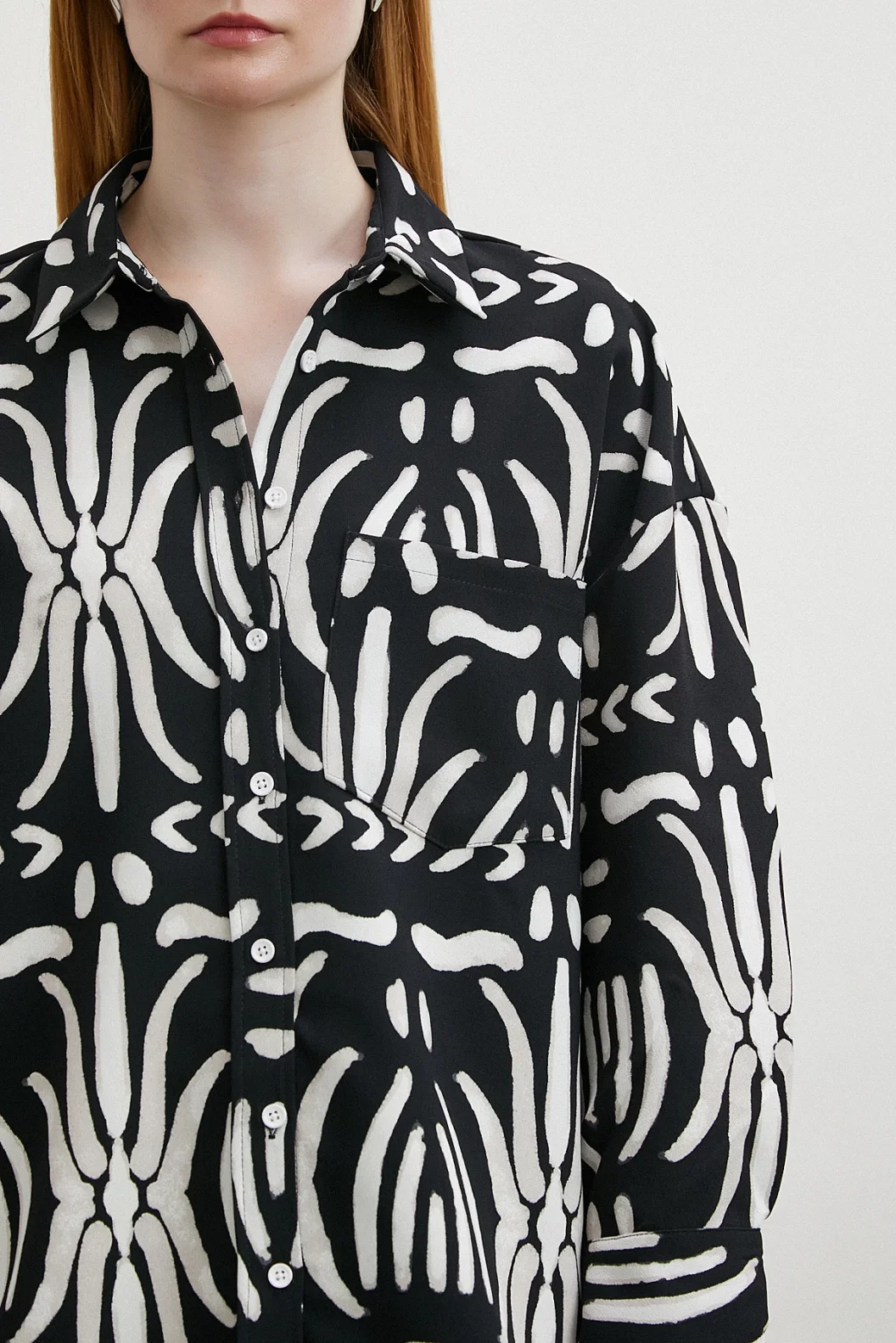 Contrast Ethnic Pattern Crepe Shirt Black