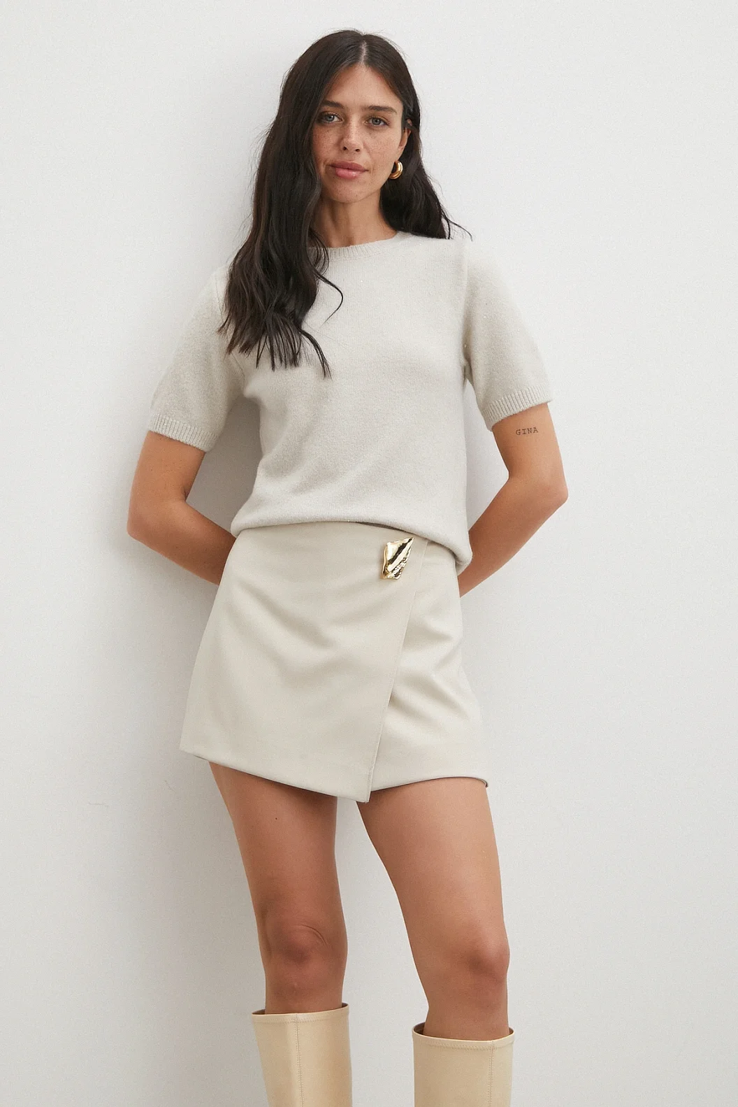 Simli Kısa Kol Kazak Bej