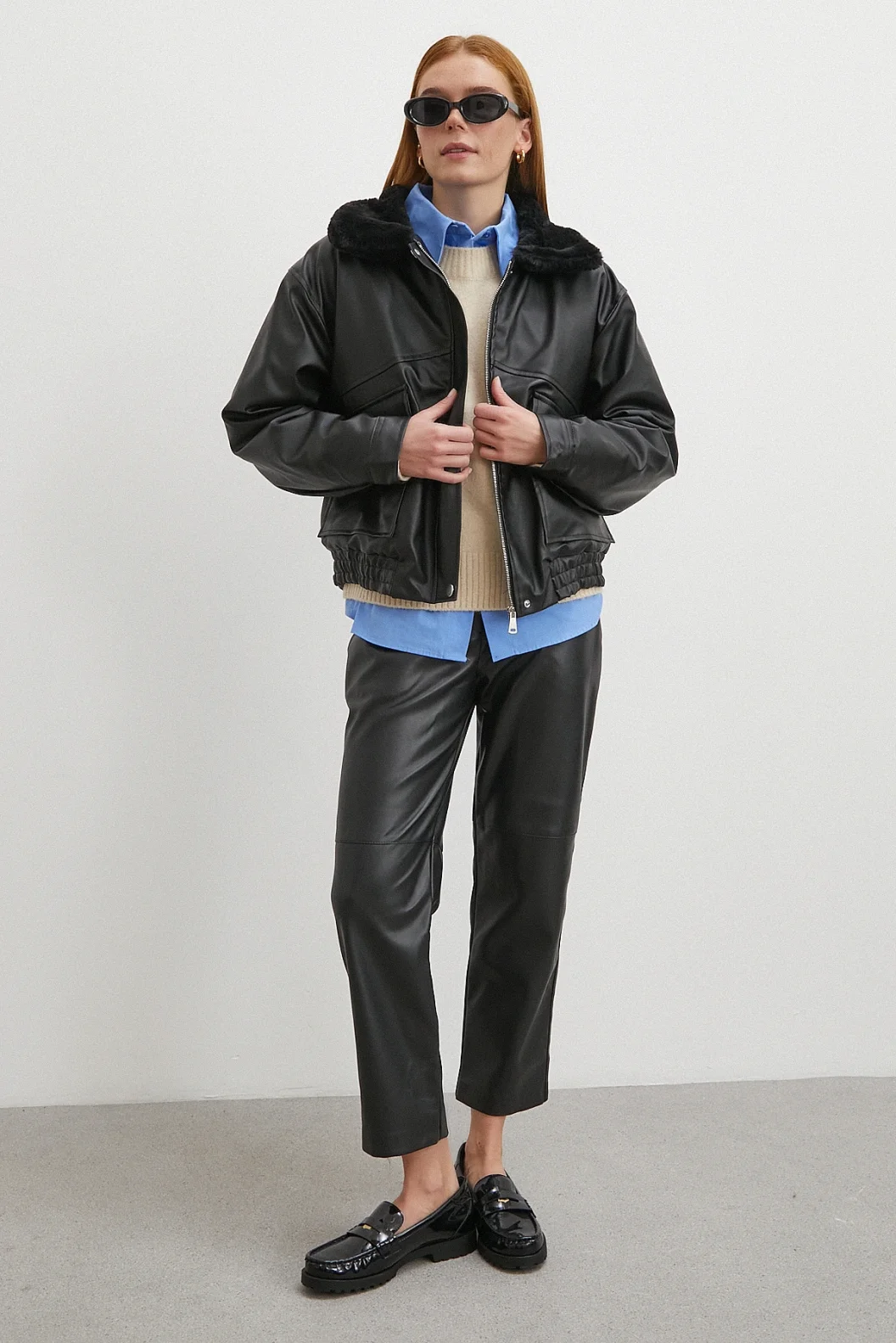 Peluş Astar Detaylı Deri Mont Siyah