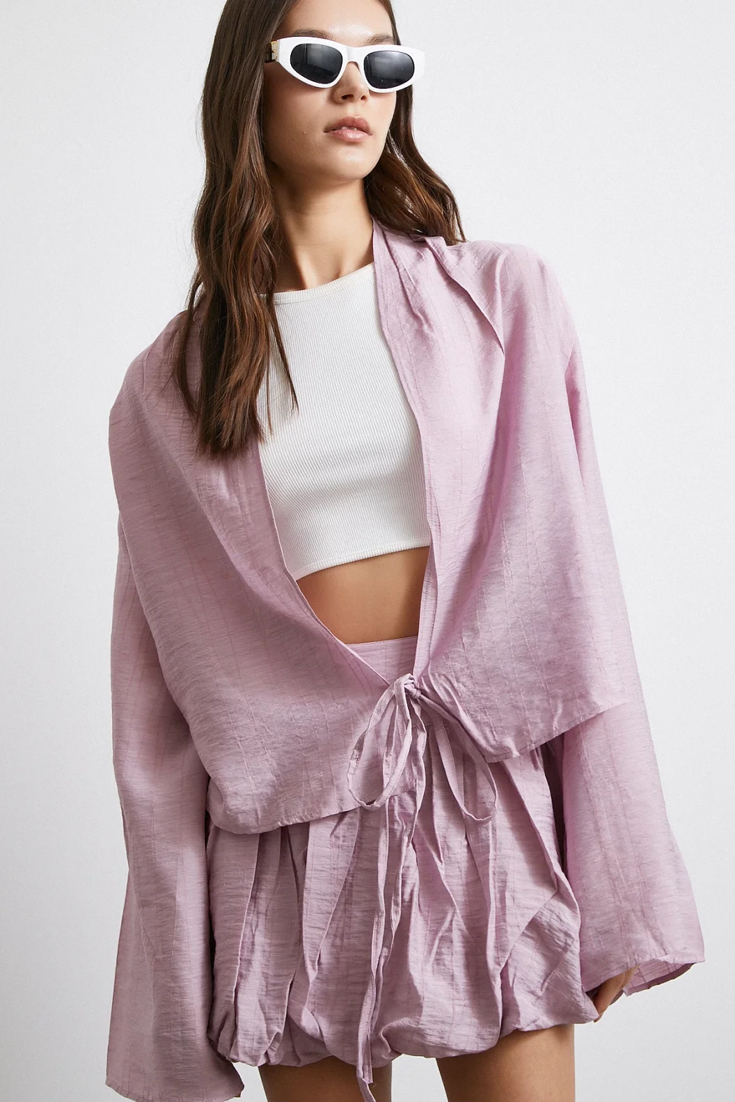 Geniş Kol Önden Bağlamalı Bluz Lila