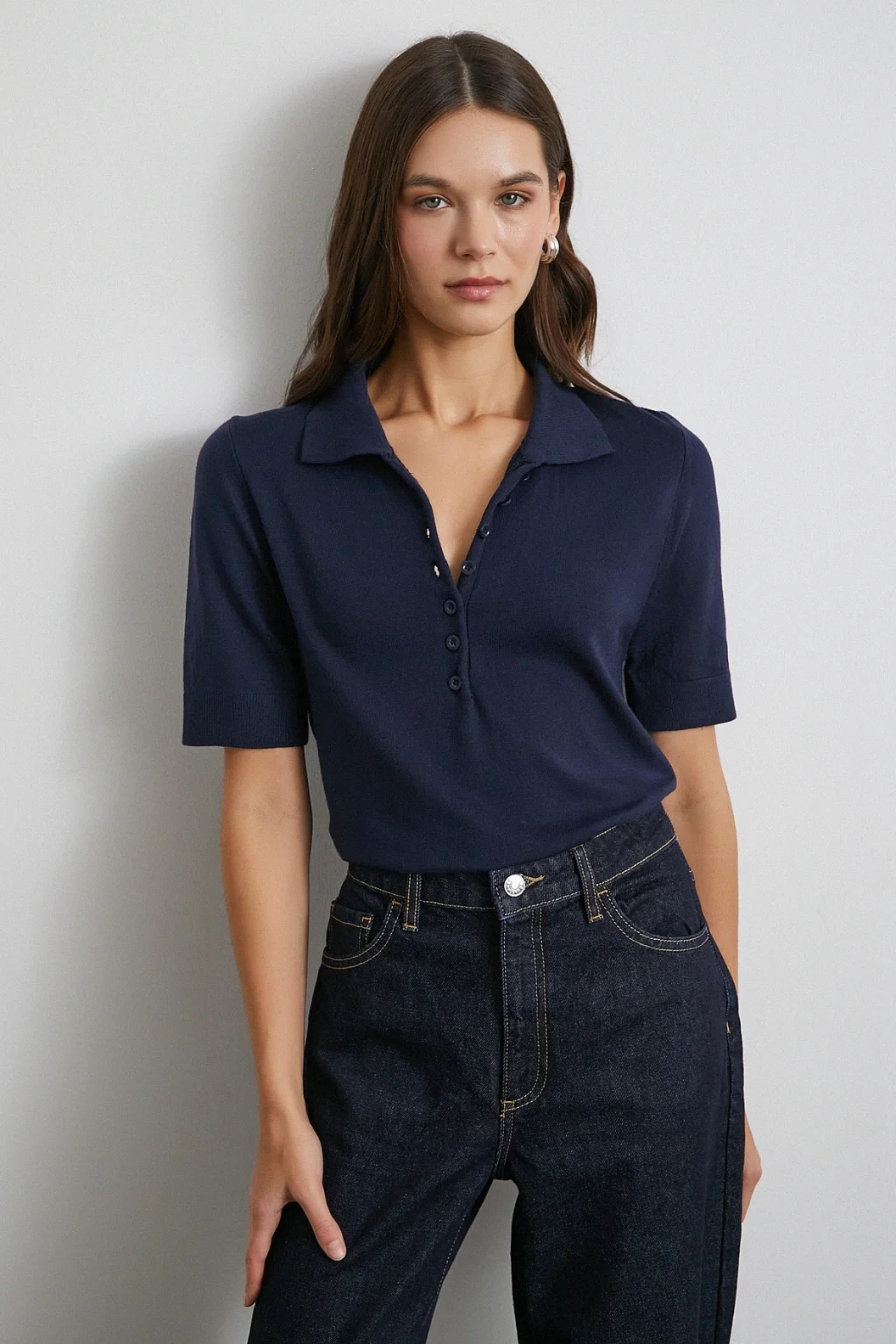 Polo Yaka Düğmeli Kısa Kol Triko Lacivert