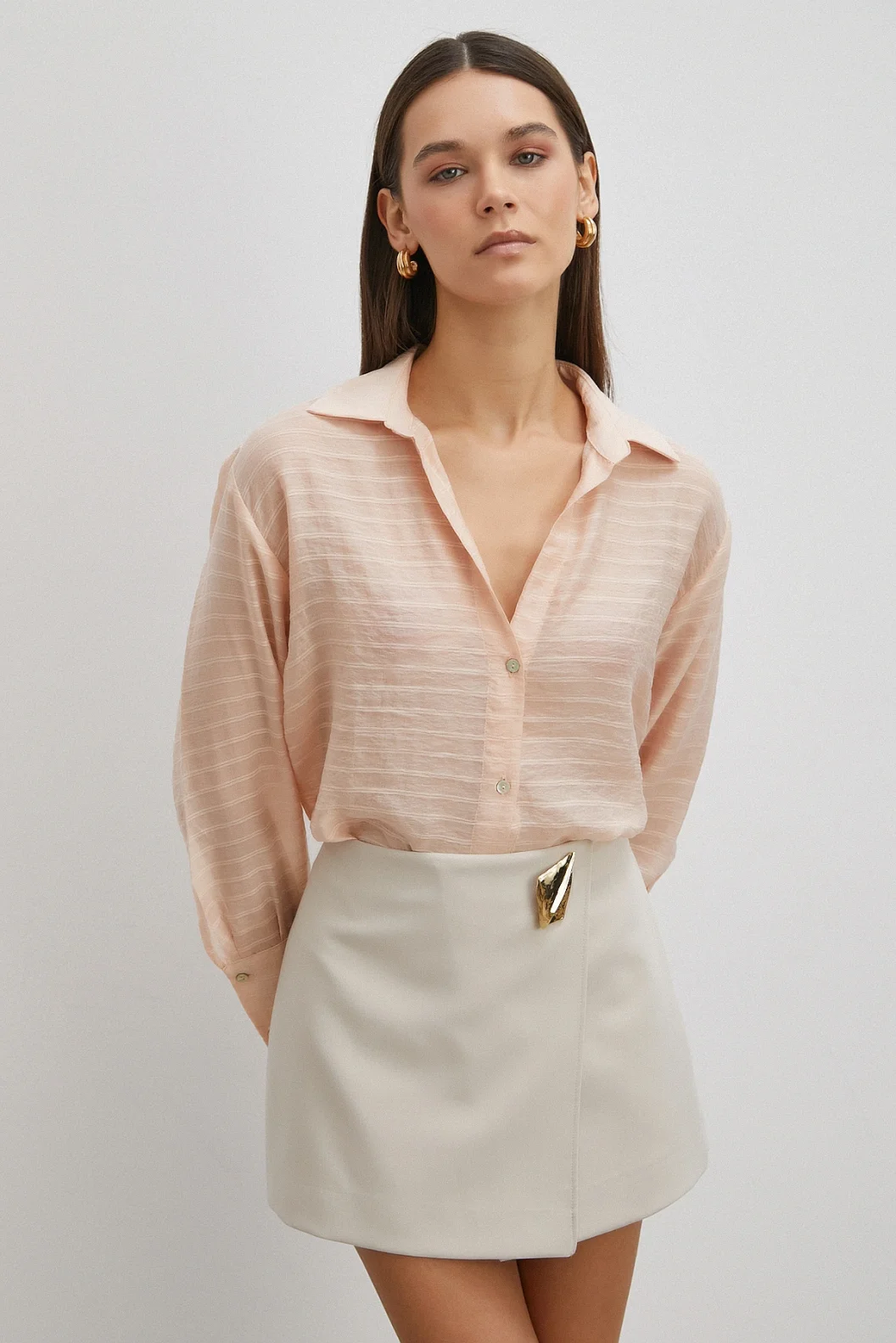 Kabartma Çizgili Gömlek Pudra