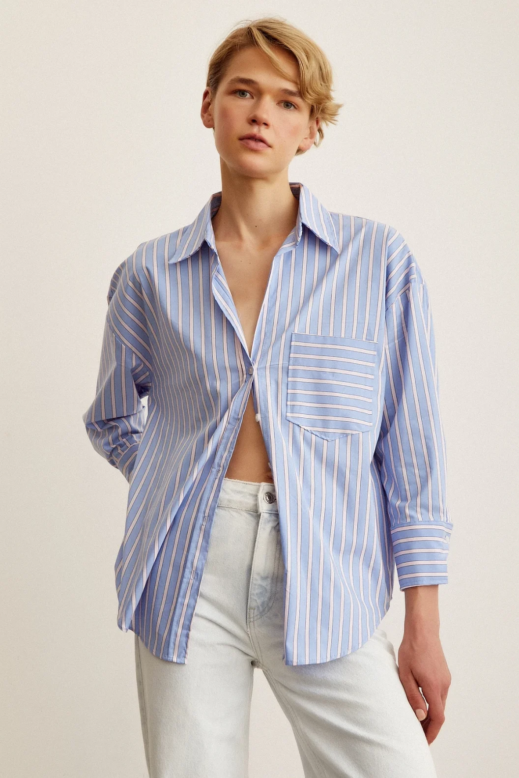 Gestreifte Popeline-Hemd Blau