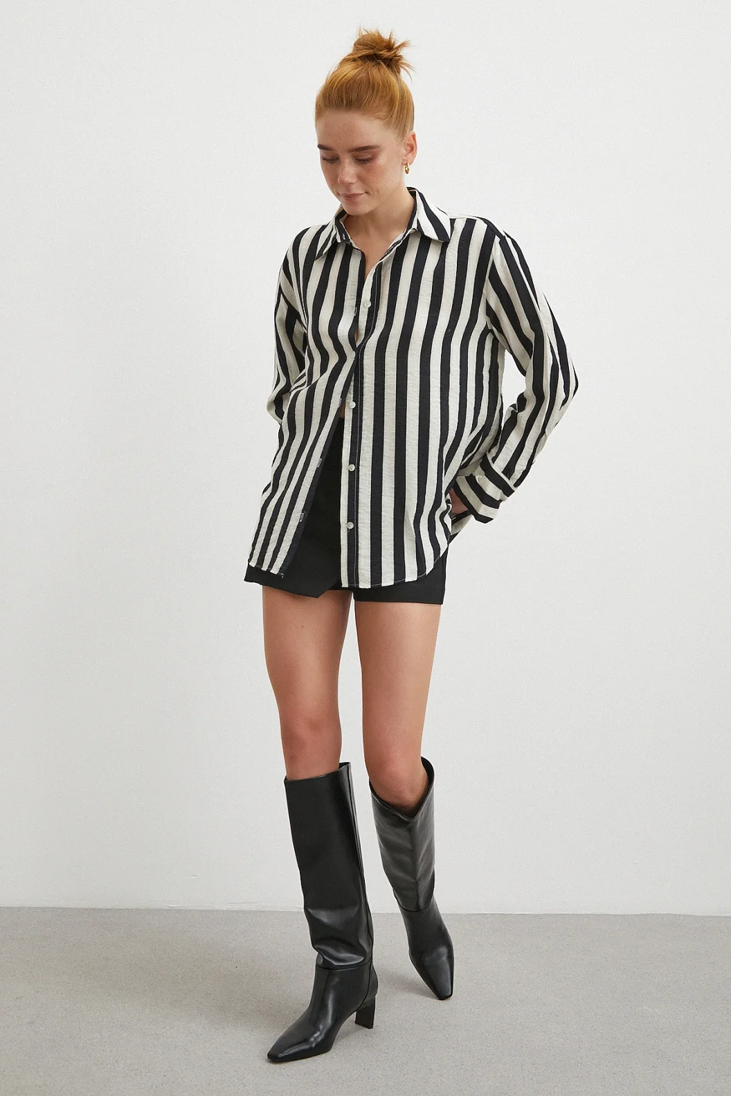 Çizgili Uzun Kollu Gömlek Siyah