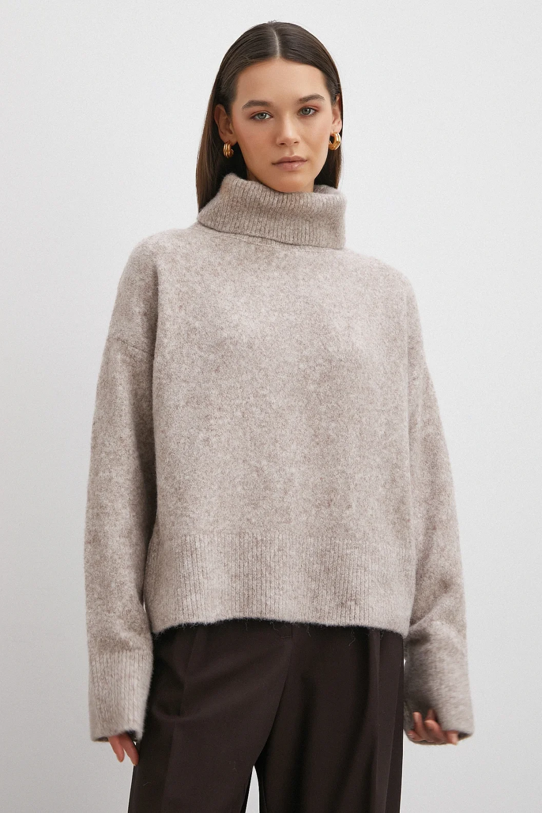 Balıkçı Yaka Uzun Kollu Kazak Gri