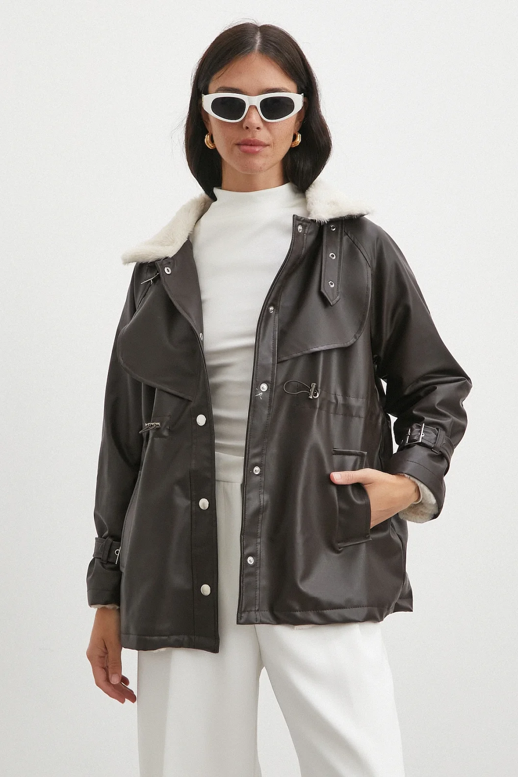 Kürklü Yaka Detaylı Deri Ceket Kahve