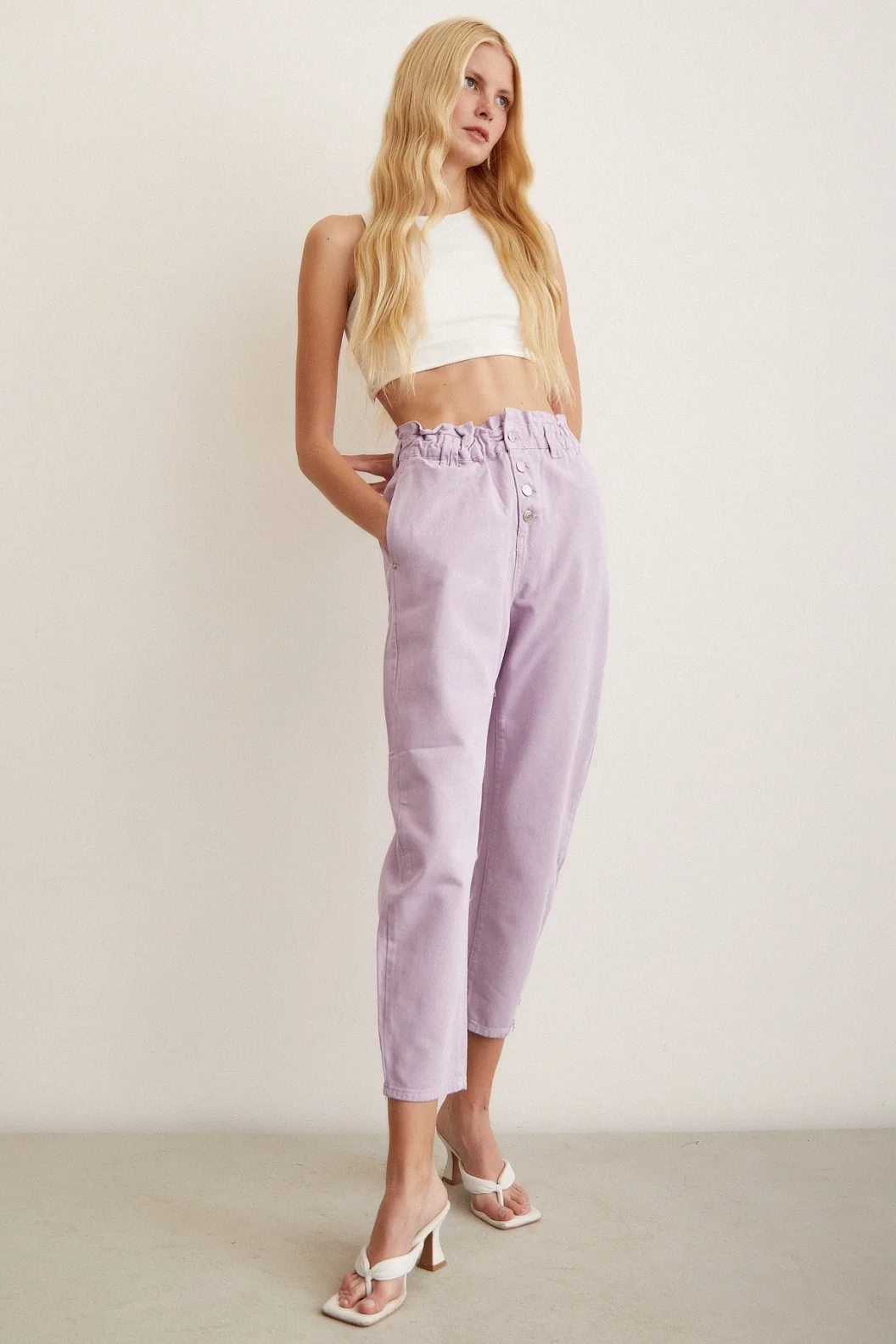 Gürtelli Düğme Kapalı Boyfriend Pantolon Mor