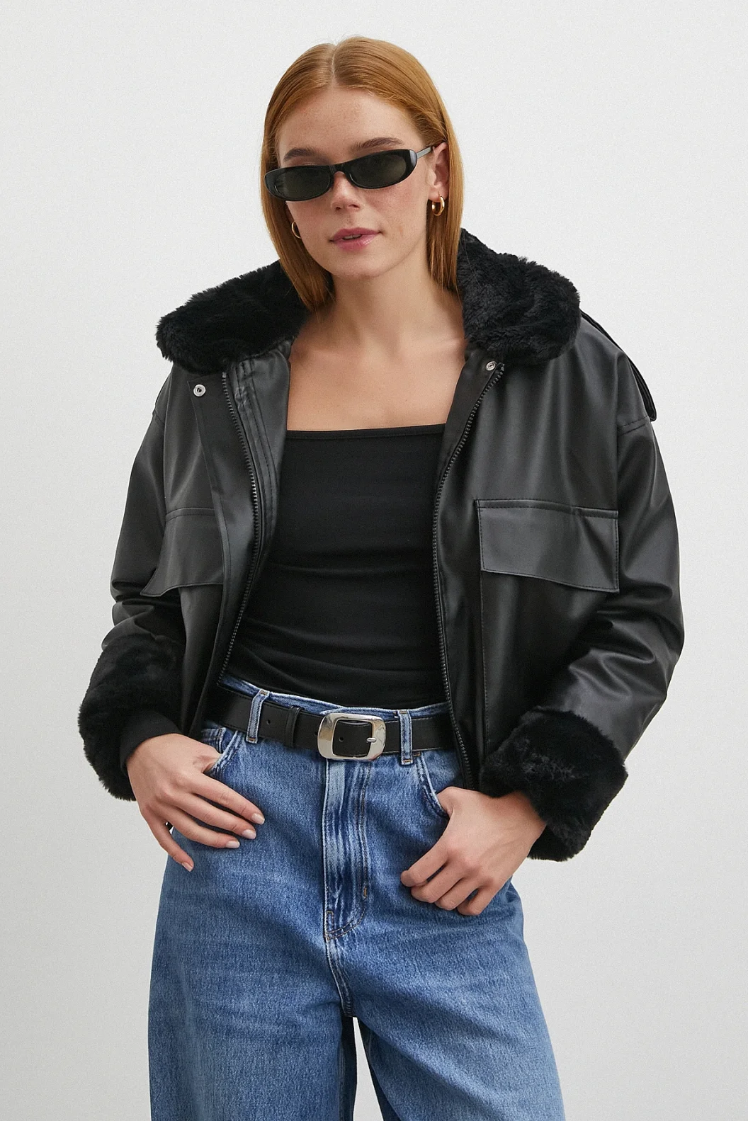 Kürk Detaylı Cepli Deri Mont Siyah