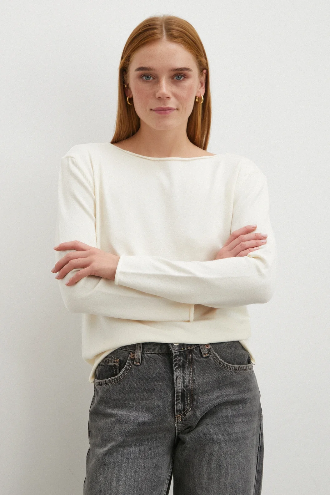 Kayık Yaka Uzun Kol Kazak Ekru