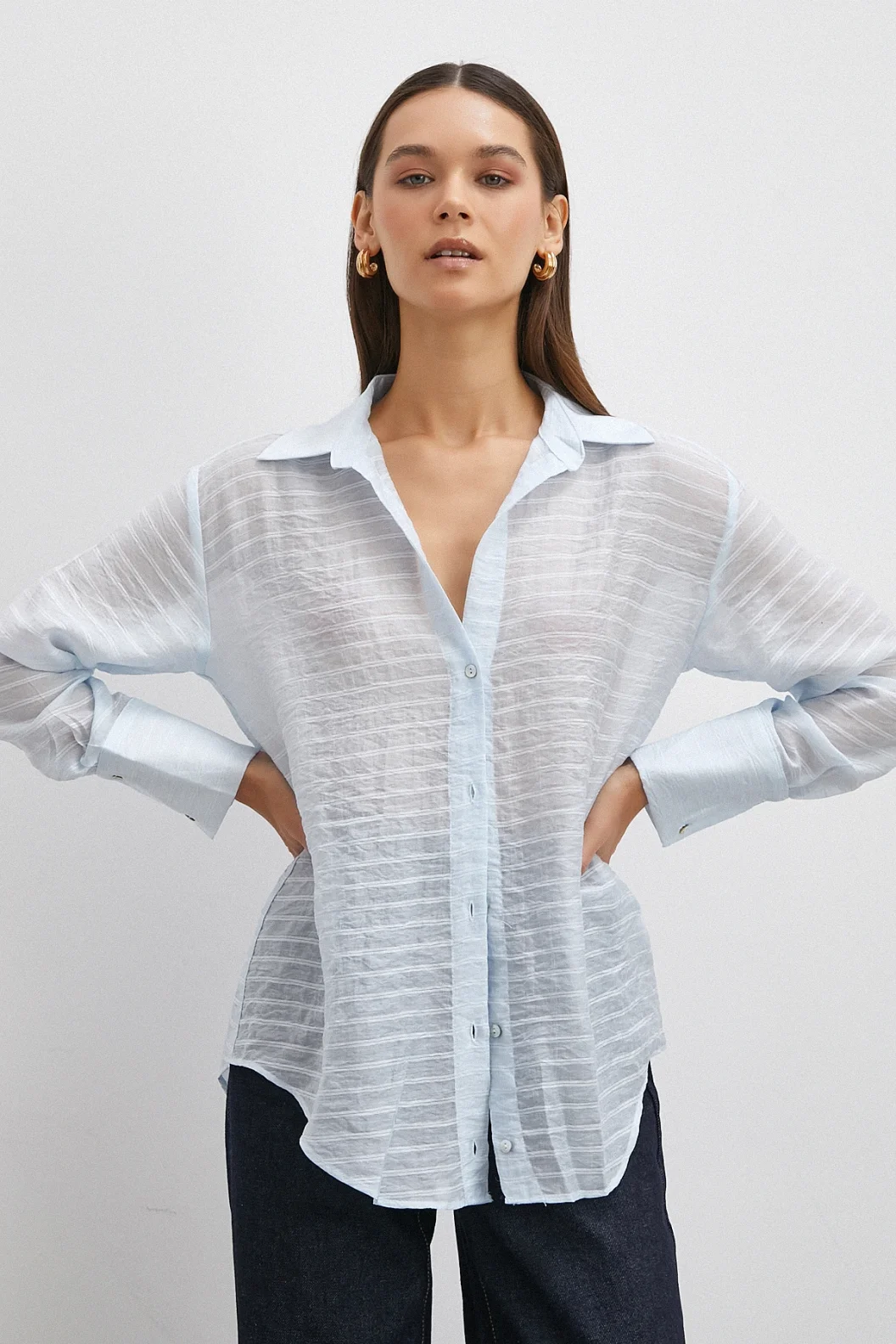 Kabartma Çizgili Gömlek Mavi