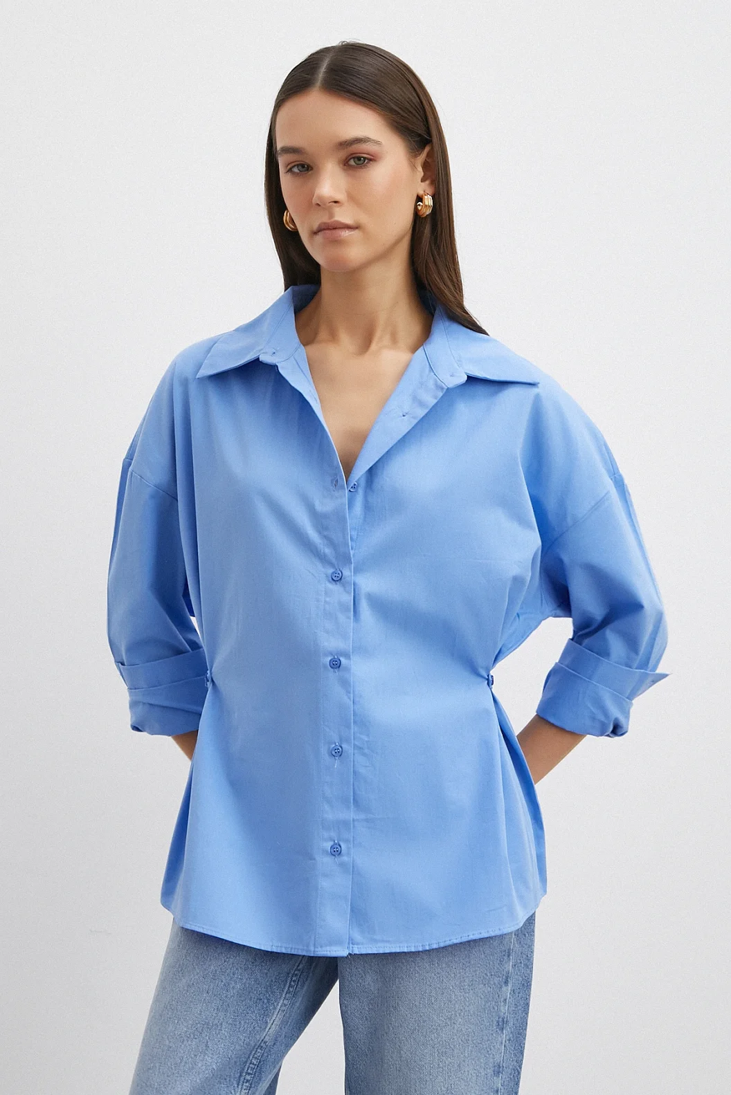 Düğme Detaylı Pamuklu Gömlek Mavi