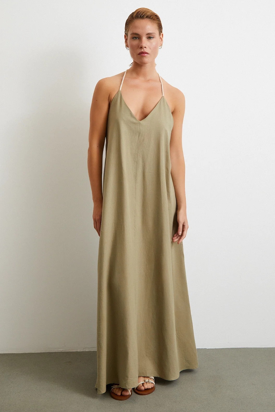 İp Askılı Keten Elbise Haki