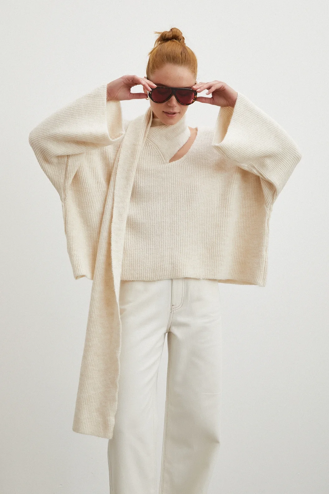 Fitilli Şal Yaka Kazak Ekru