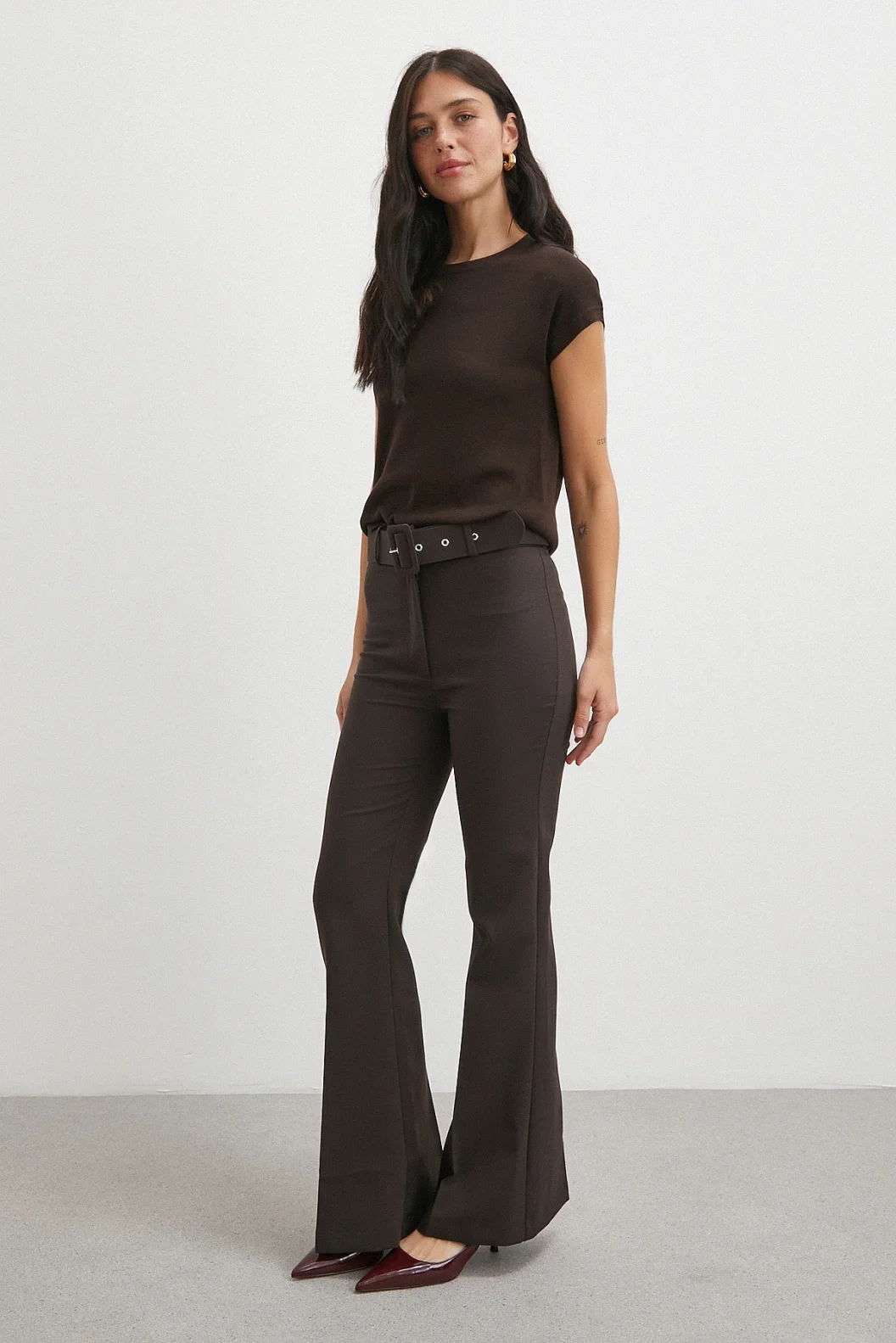 Kemerli İspanyol Paça Pantolon Kahve