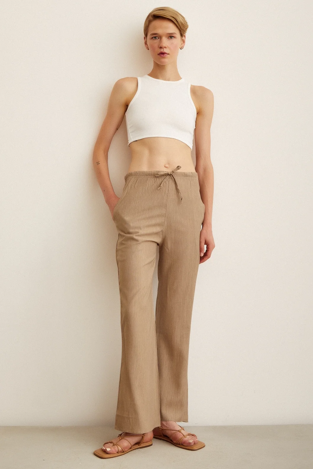 Elastic Waist Flared High Waist Pants Khaki