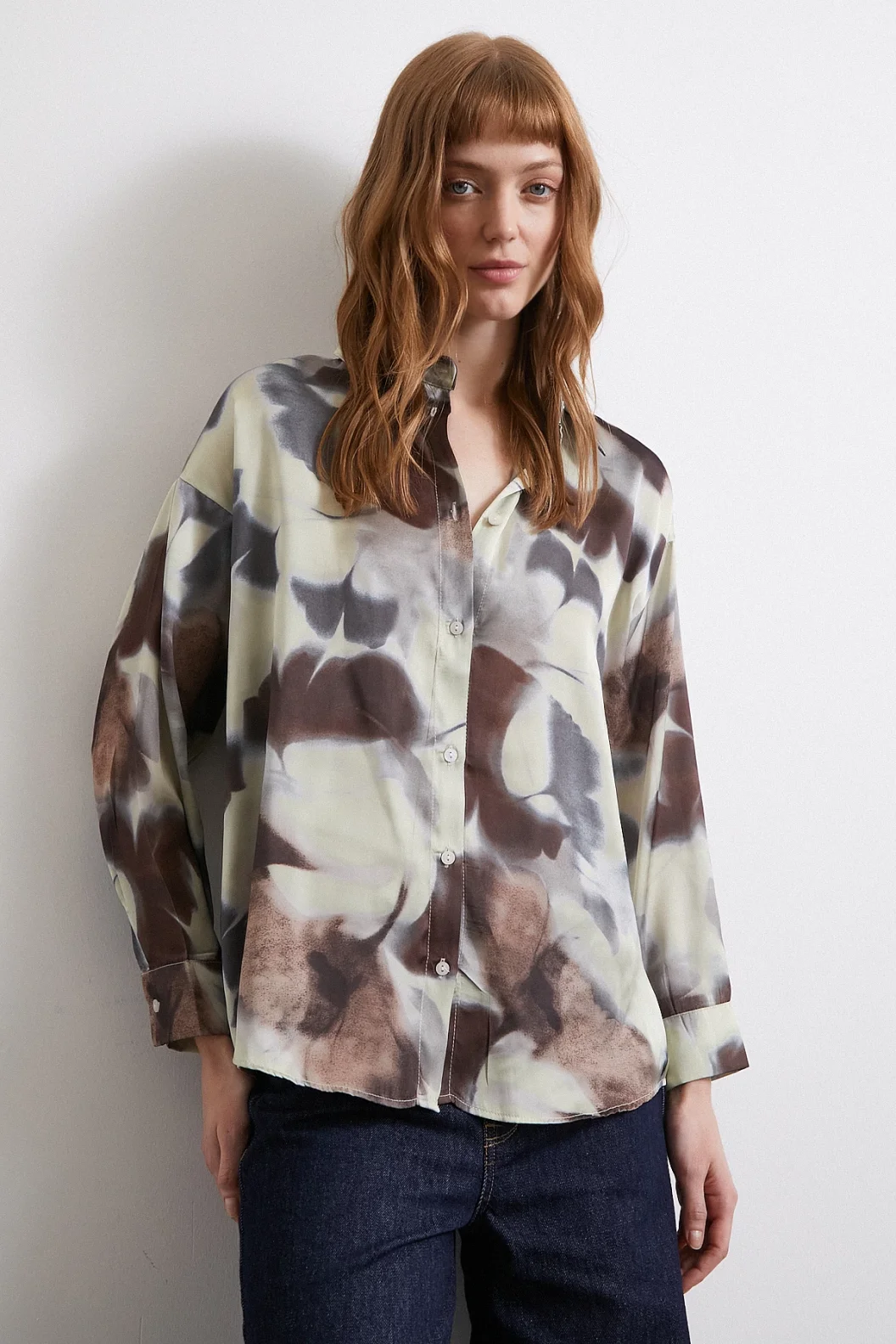 Batik Desen Saten Gömlek Kahve