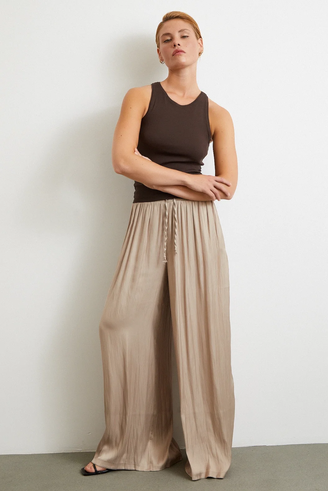 Elastic Waist Wide Legged Ruched Pants Beige