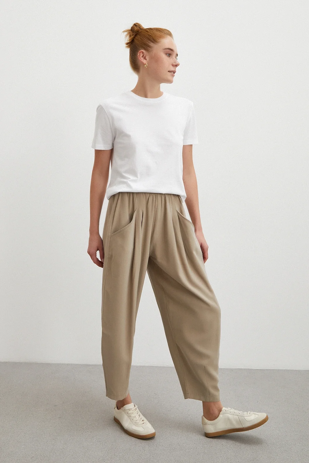 Bağcıklı Beli Lastikli Pileli Pantolon Taş