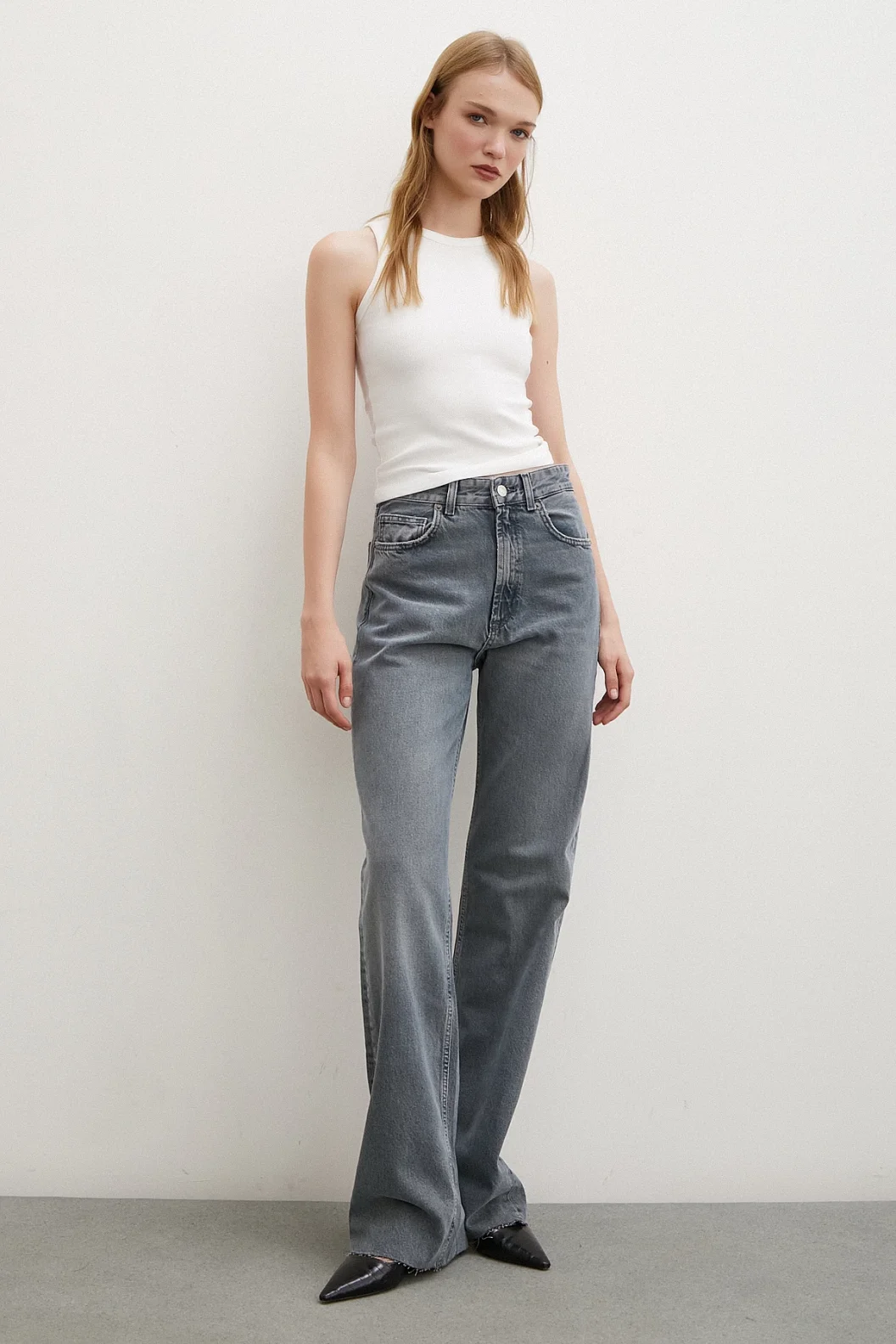 الخصر العالي القصة الواسعة جينز بلون الفم