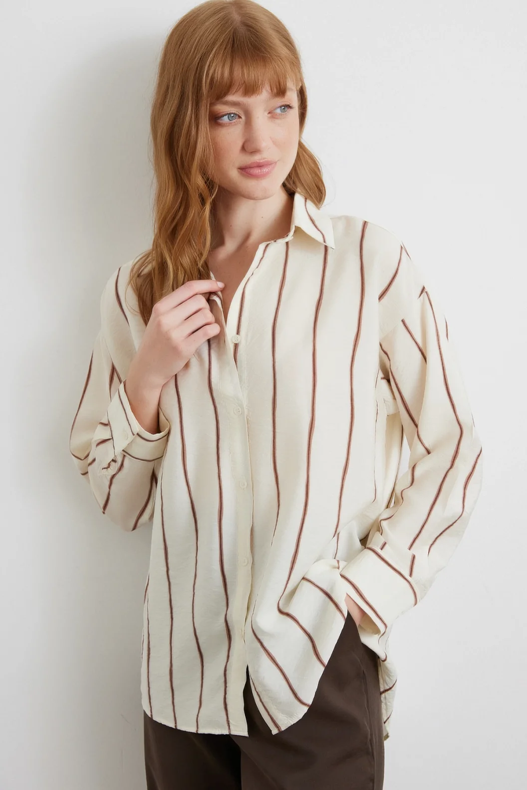Çizgili Modal Gömlek Kahve
