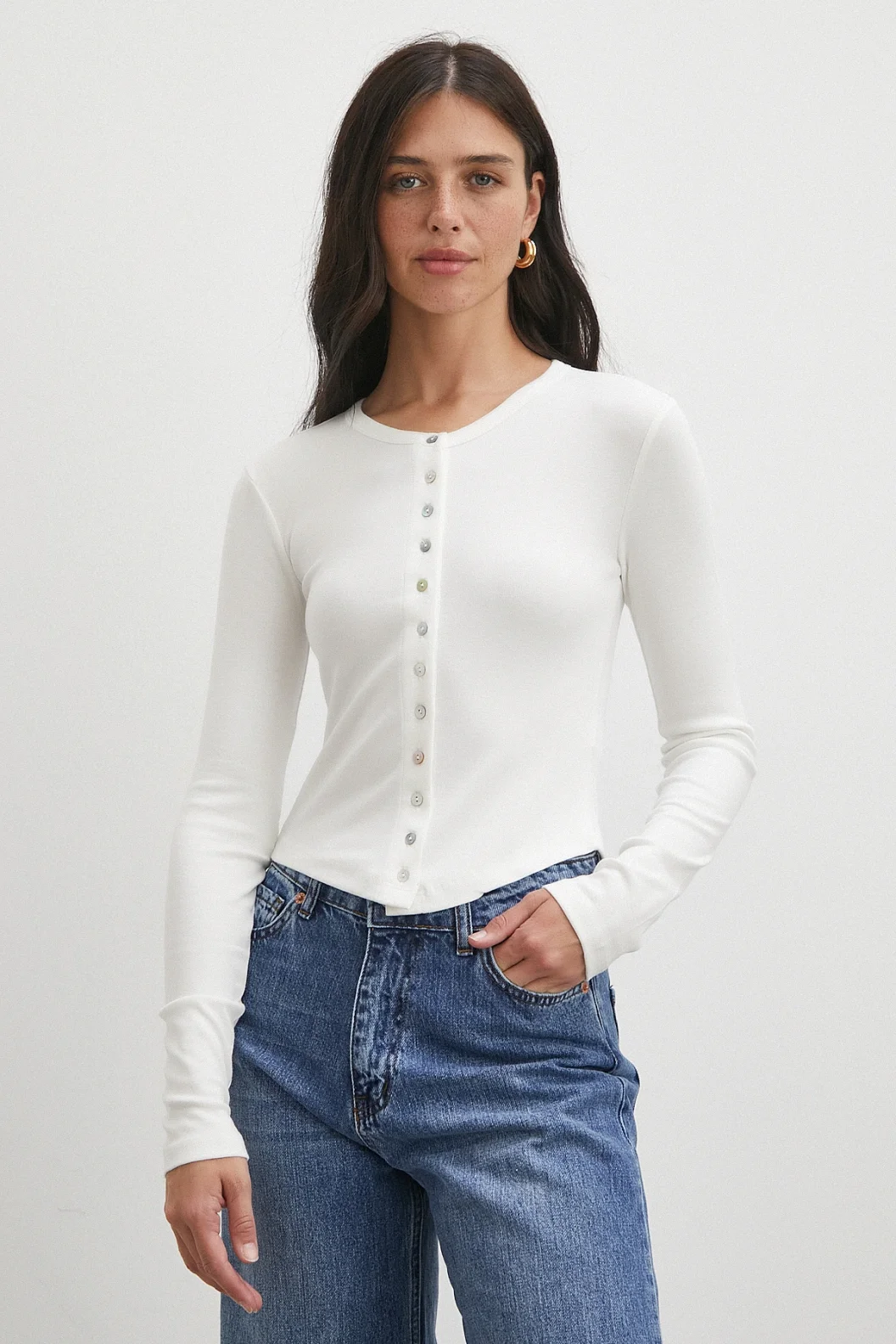 Düğmeli Uzun Kol Bluz Beyaz