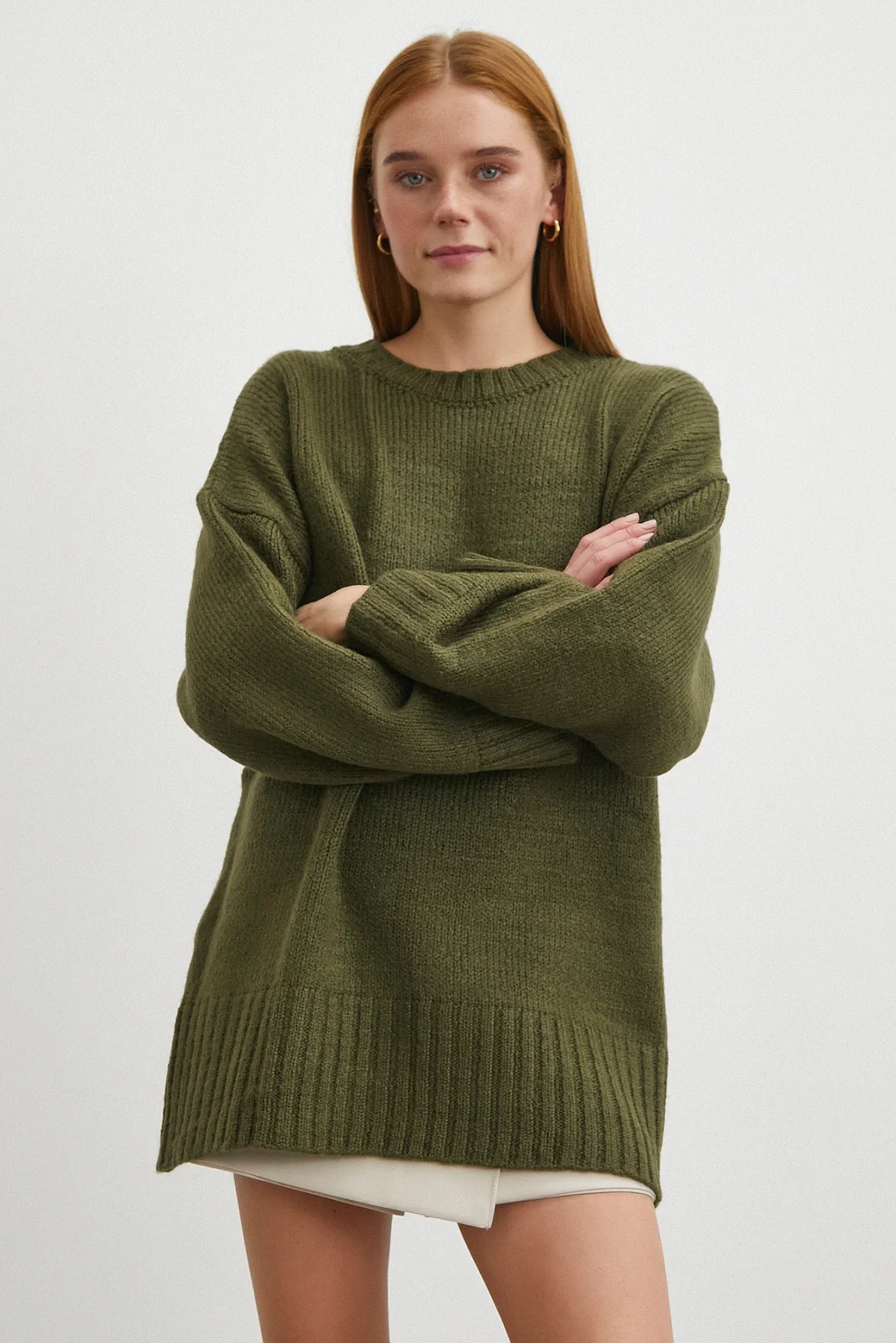 Bisiklet Yaka Fitilli Triko Kazak Haki