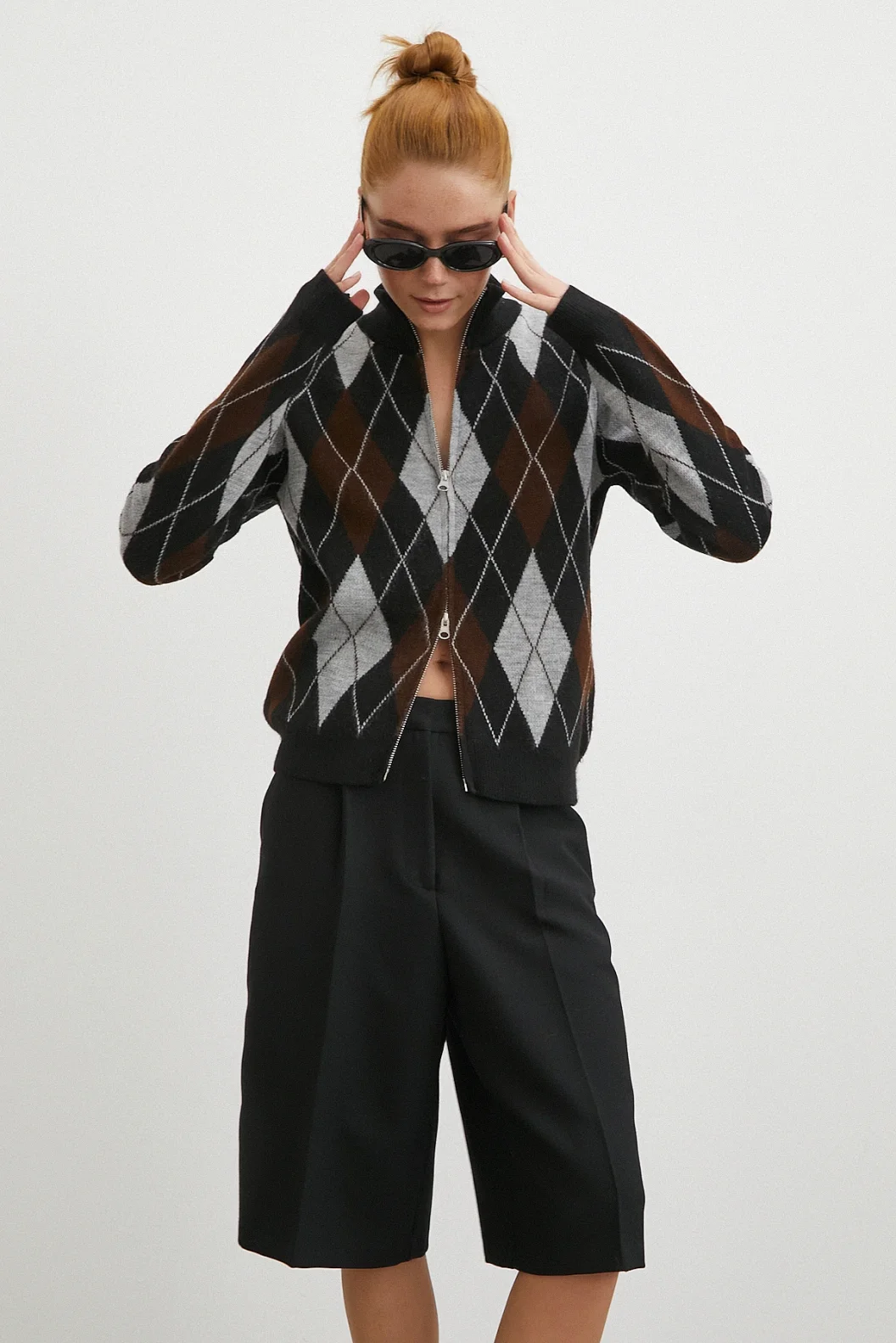 Fermuarlı Baklava Desen Kazak Siyah