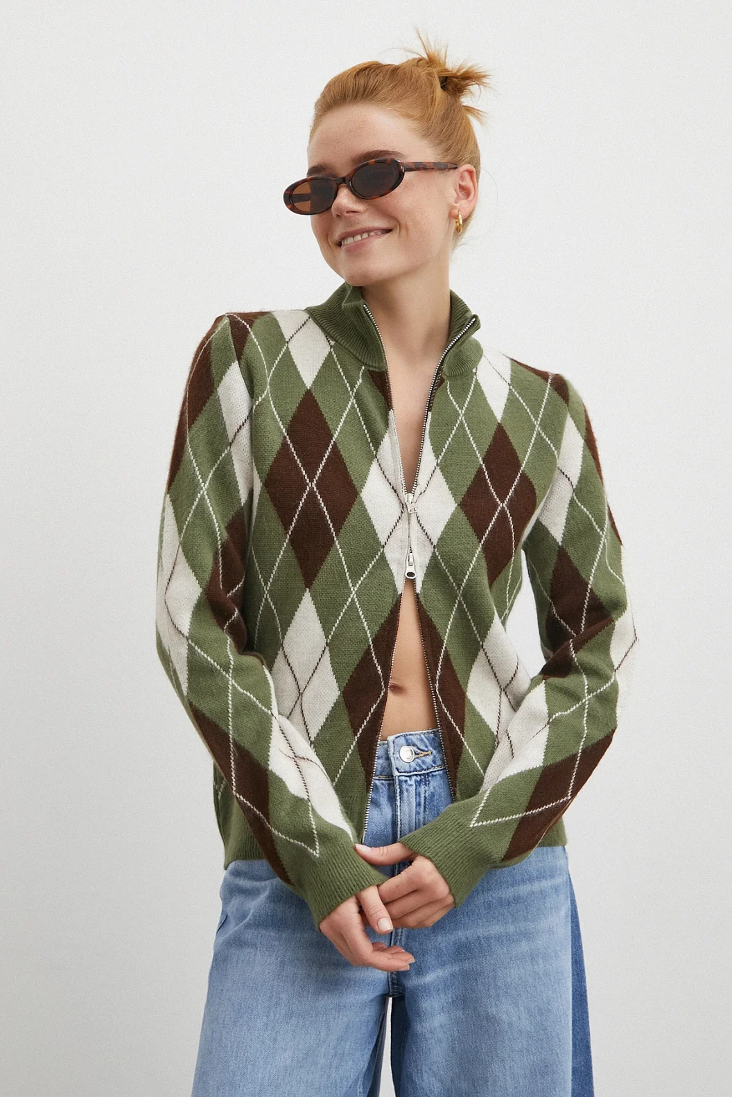 Fermuarlı Baklava Desen Kazak Yeşil