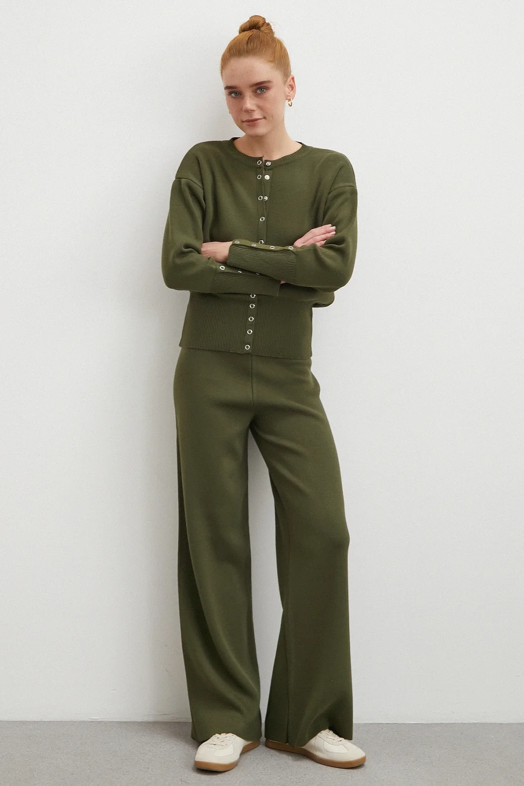 Çıtçıtlı Pantolonlu Triko Takım Haki