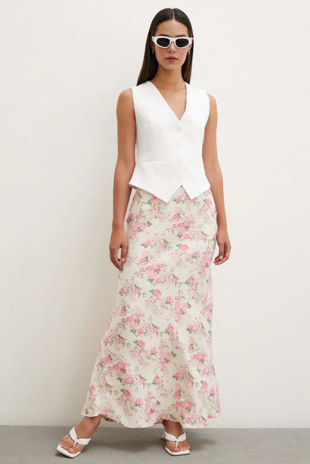 Çiçek Desenli Saten Etek Lila