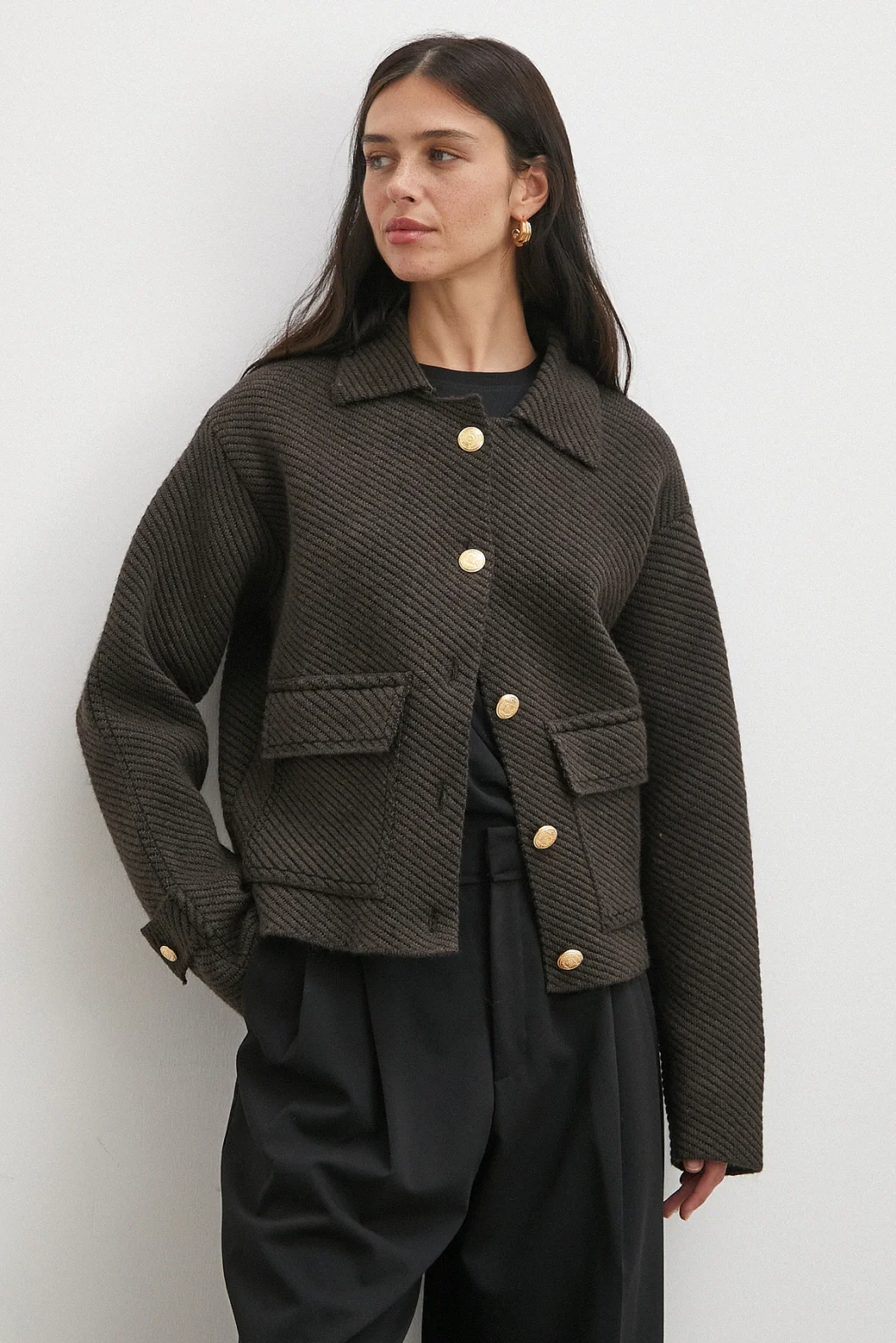 Polo Yaka Cepli Gold Düğmeli Ceket Kahve