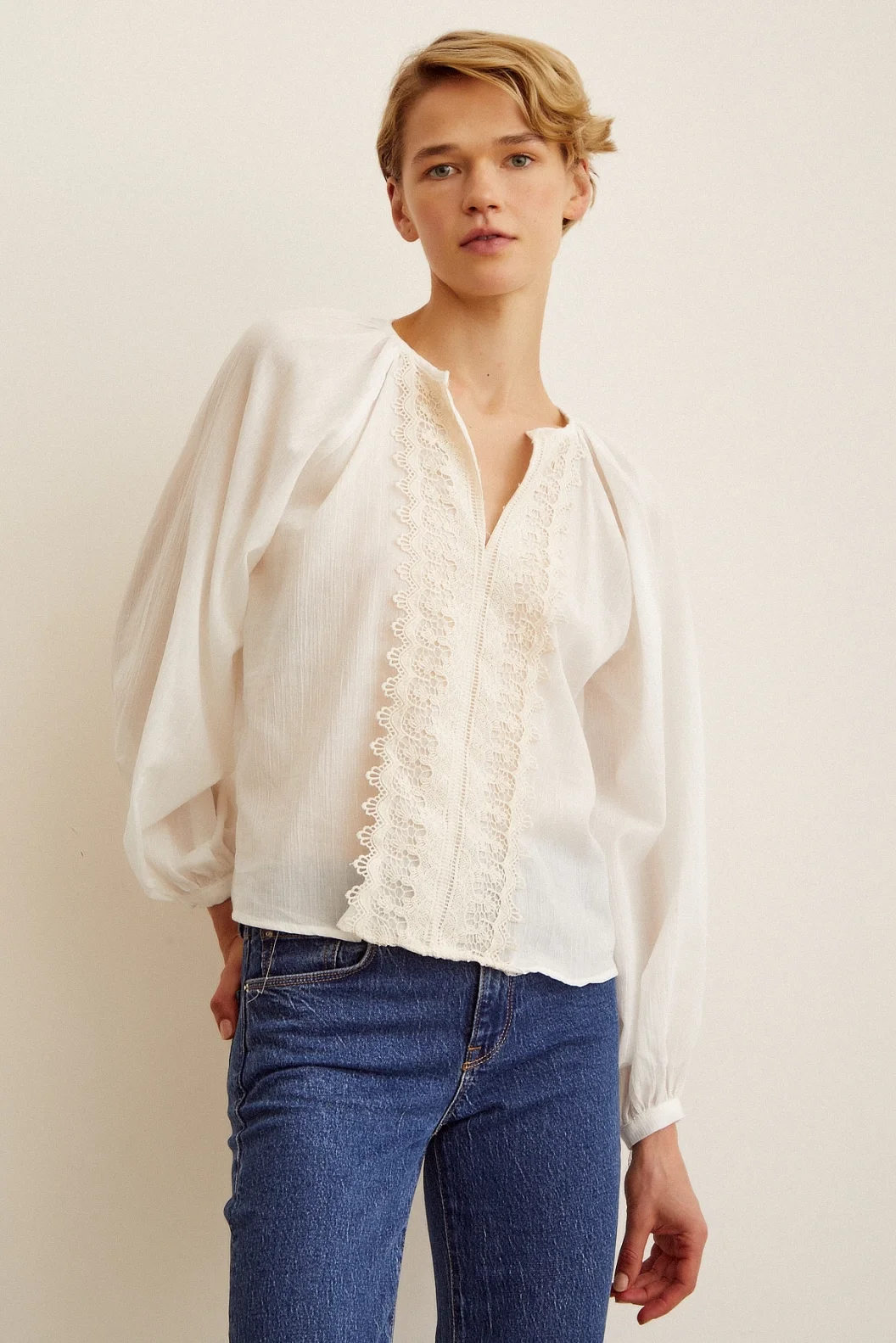 Brodeli V Neck Blouse White