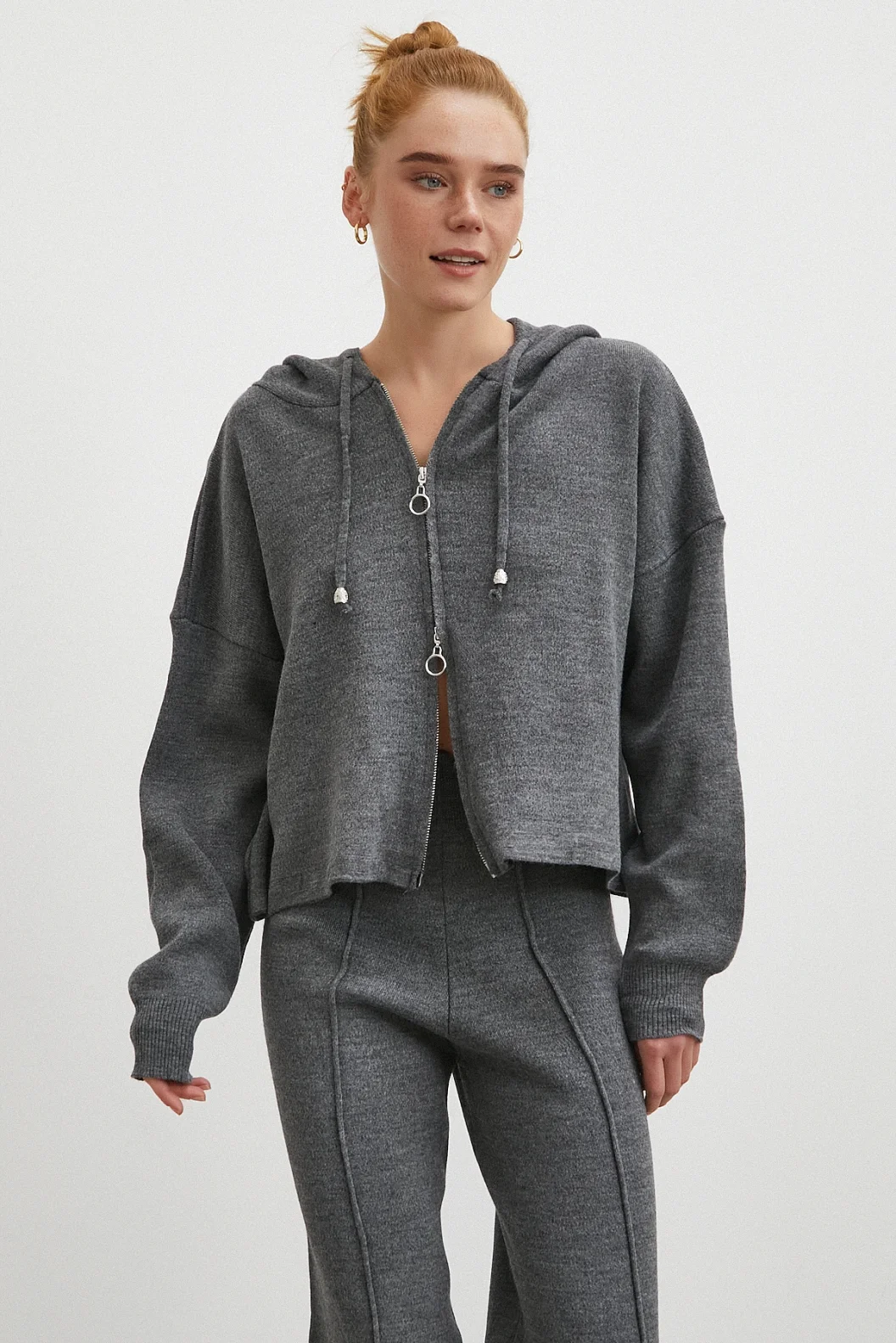 Çift Fermuarlı Kapüşonlu Pantolonlu Takım Gri