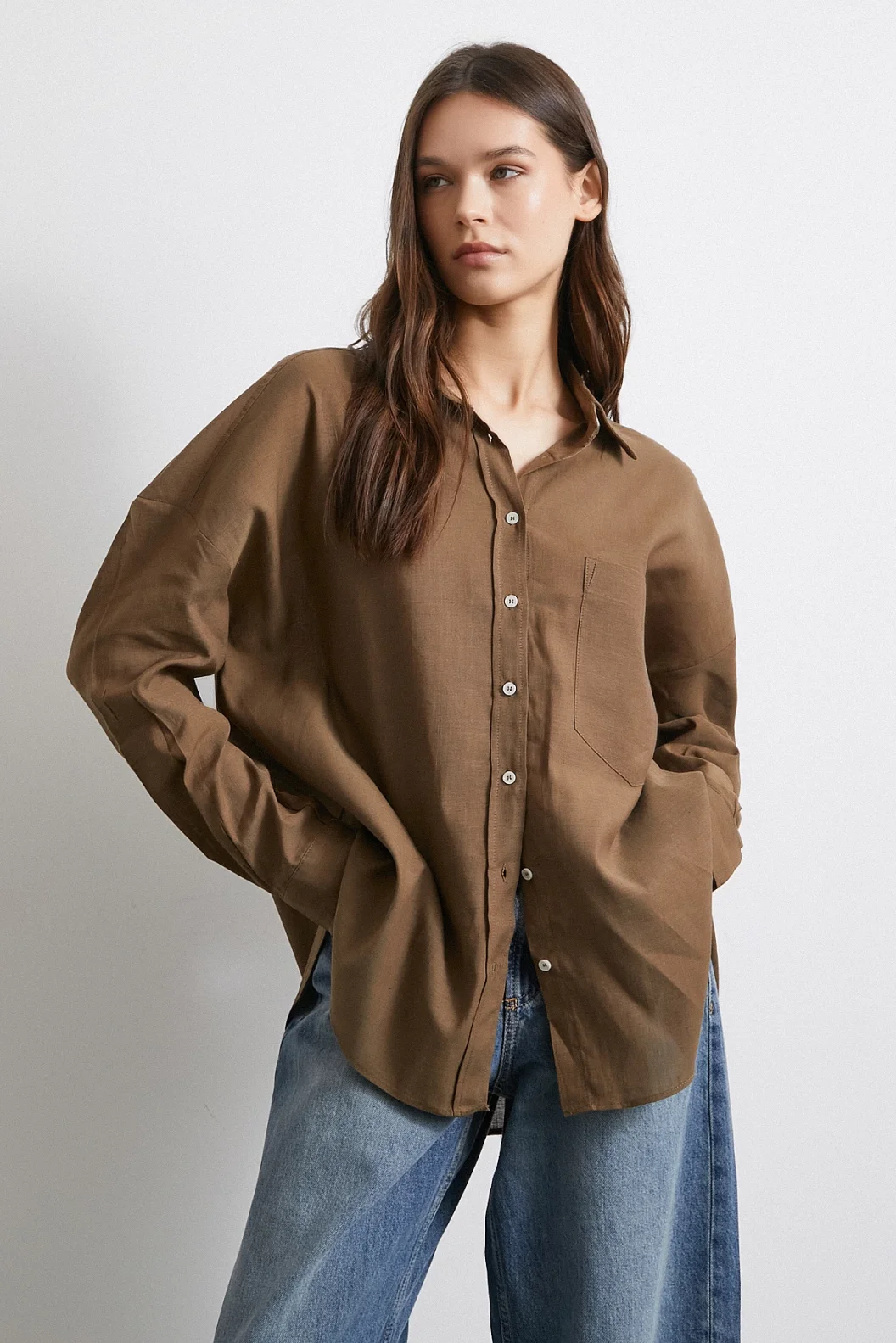 Cepli Oversize Keten Gömlek Kahve