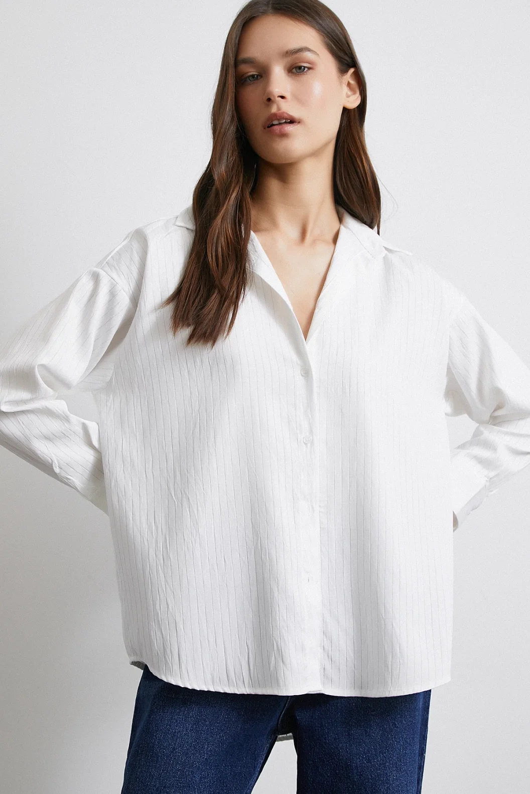 Diagonal Desen Gömlek Beyaz