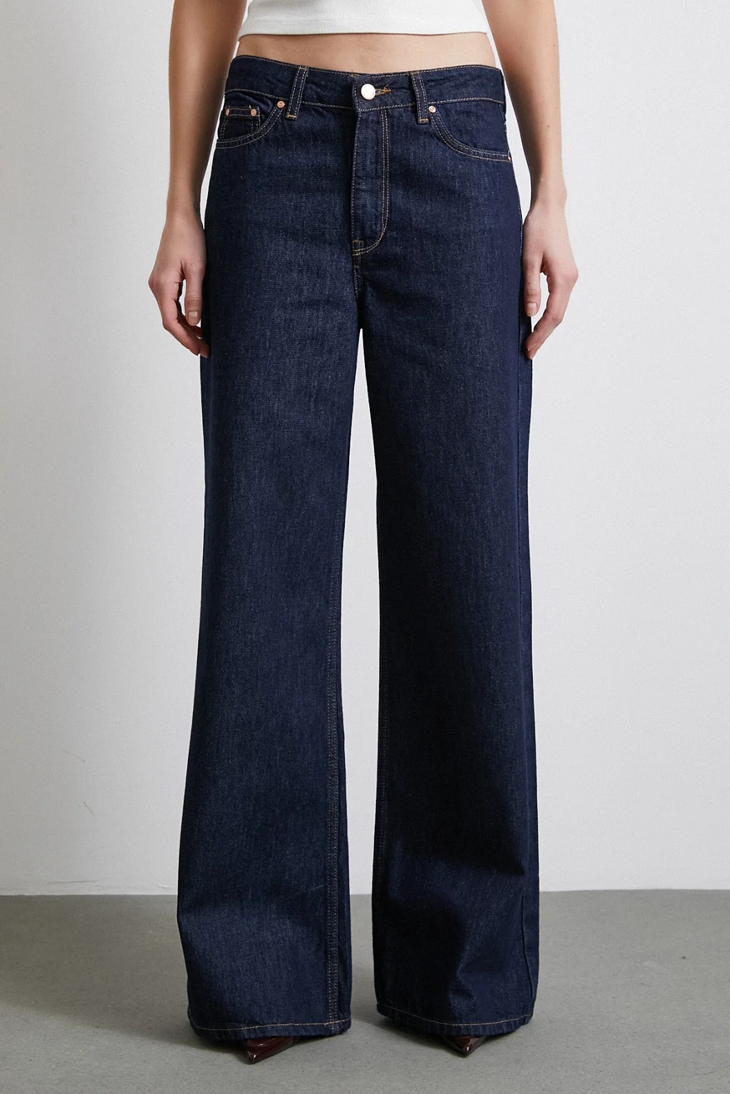 Beş Cepli Yüksek Bel Bol Paça Jean Koyu Lacivert