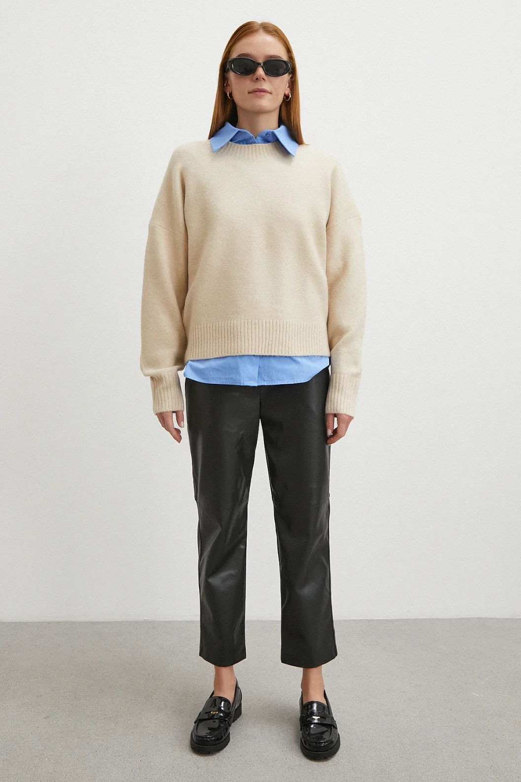 Kemerli Lastikli Deri Pantolon Siyah