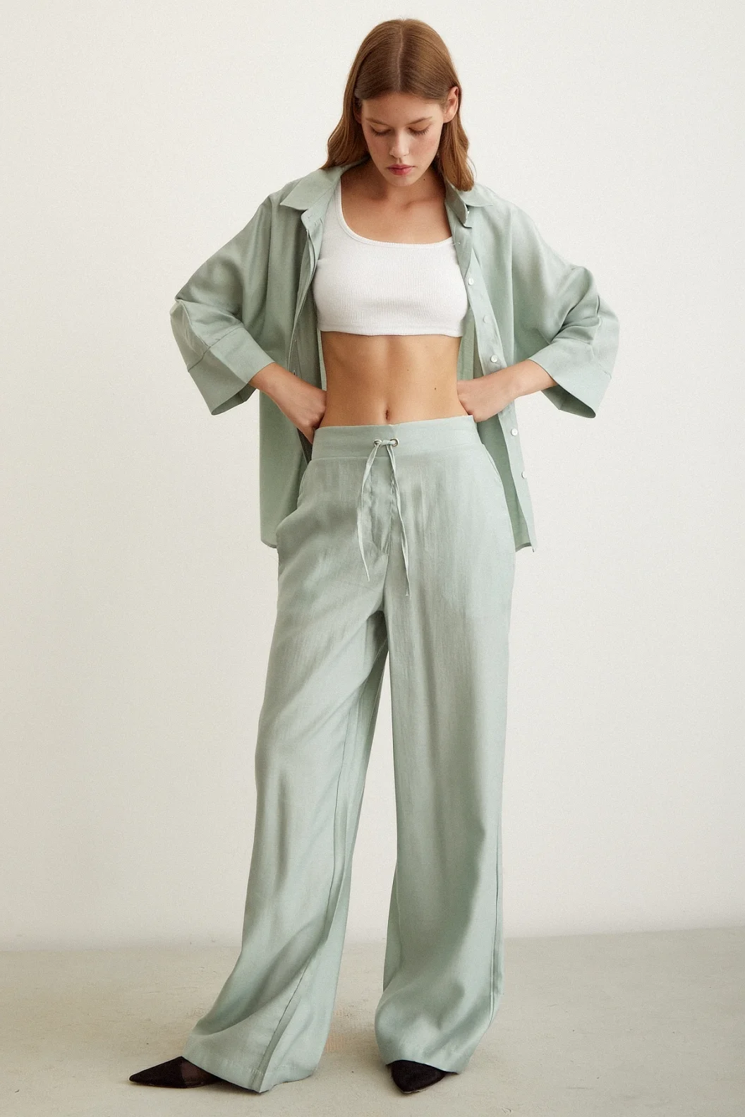 Bat Sleeve Linen Shirt Mint