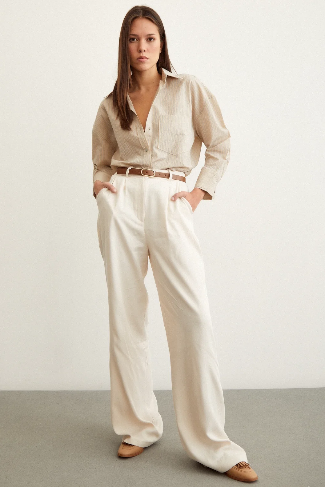 Striped Oversize Shirt Beige