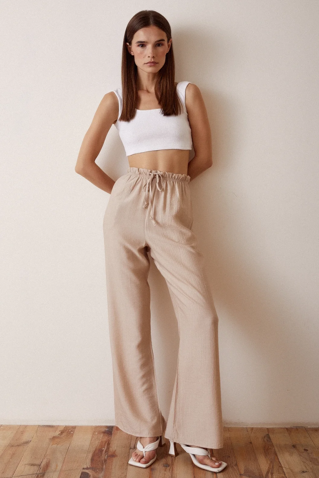 Elastic Waist Flared High Waist Pants Beige
