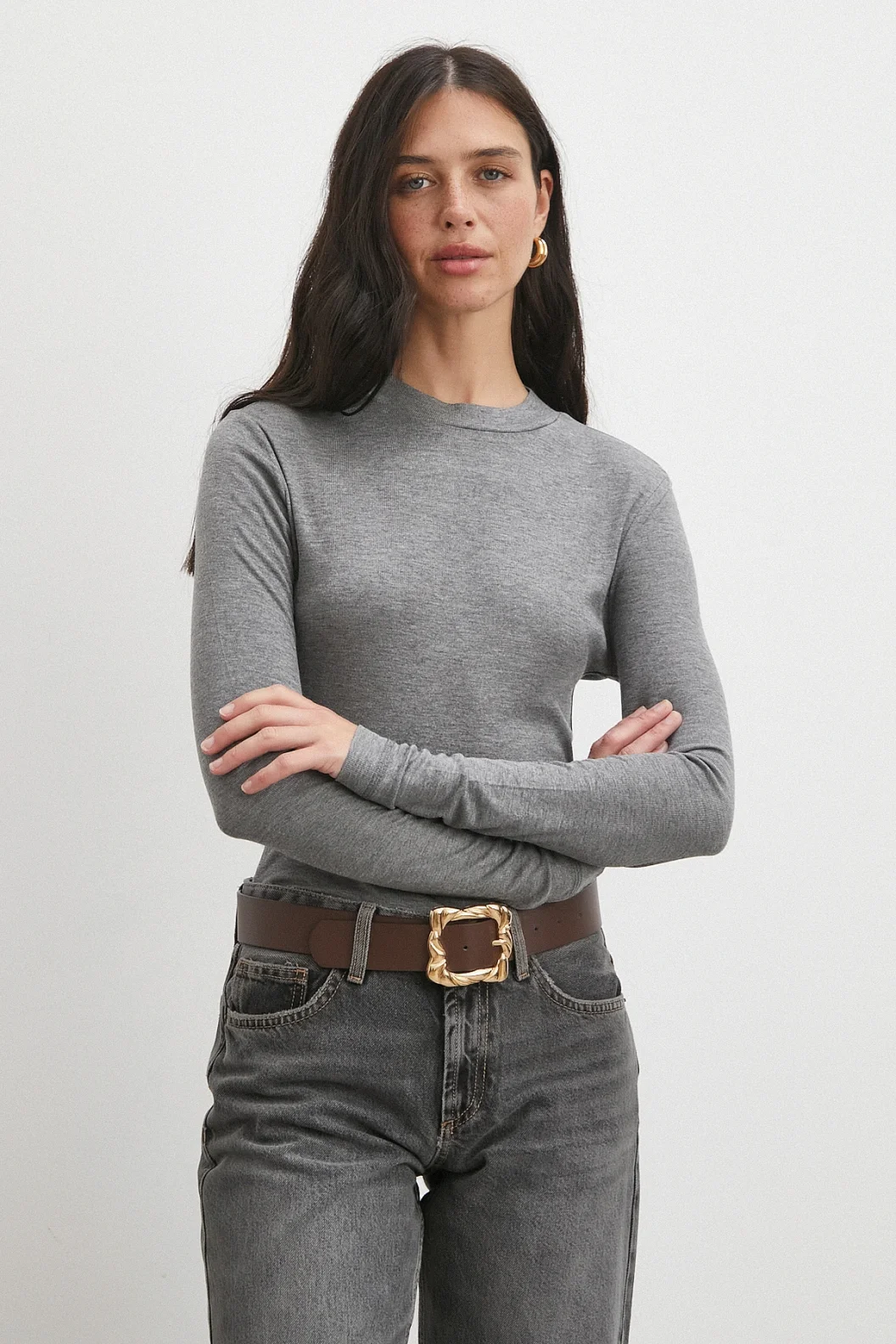 Bisiklet Yaka Uzun  Kol Bluz Gri