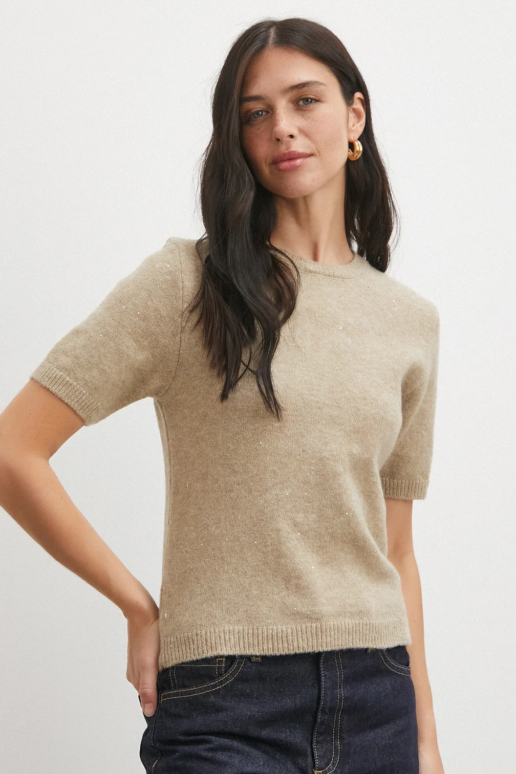 Simli Kısa Kol Kazak Vizon