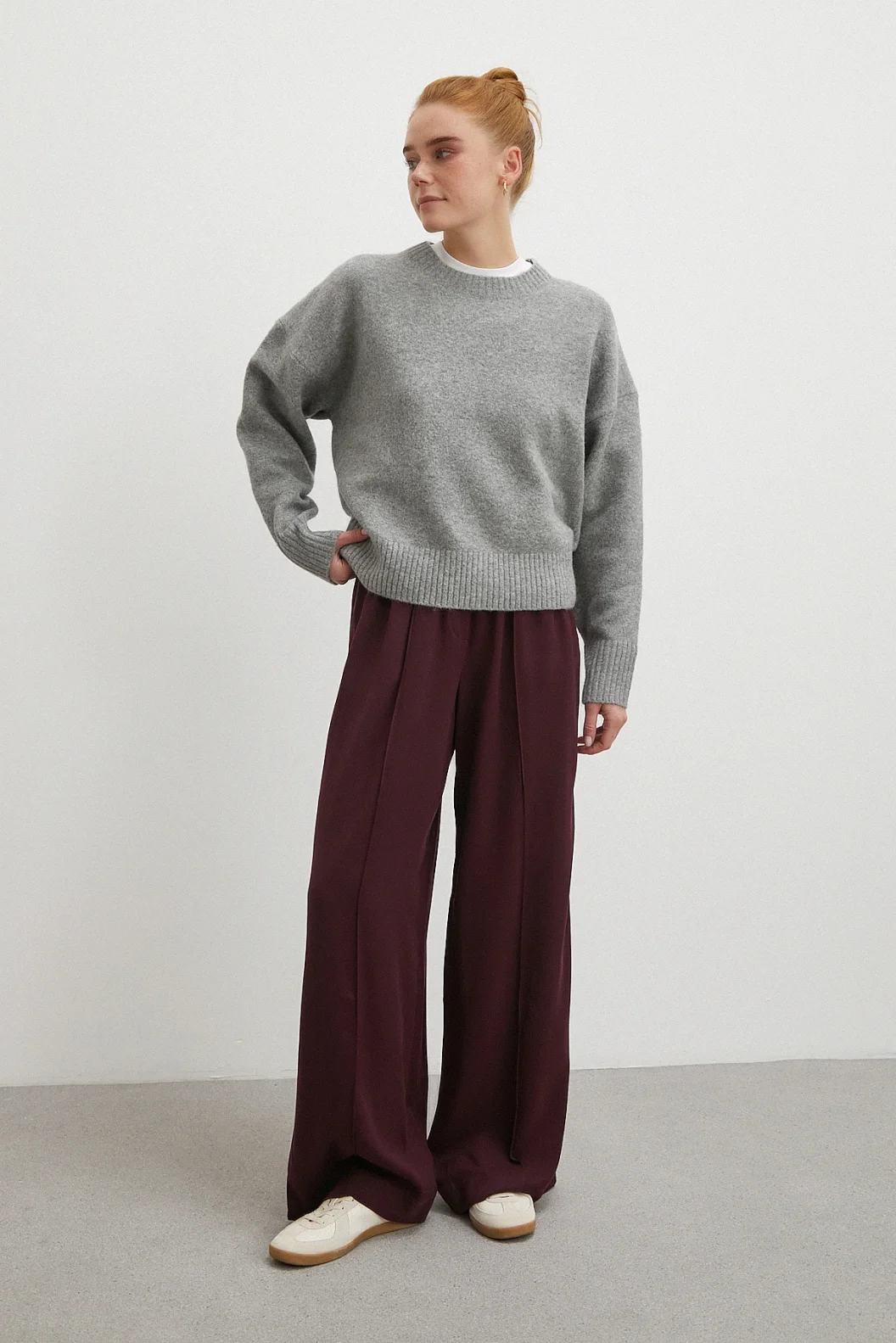 Çizgi Detaylı Geniş Paça Beli Lastikli Pantolon Bordo