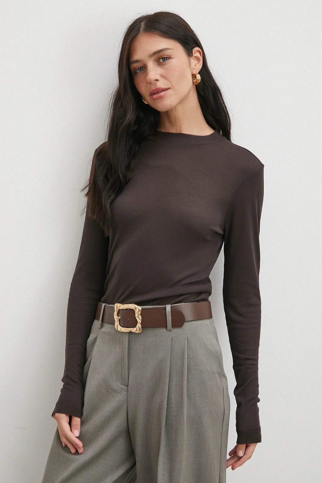 Bisiklet Yaka Uzun  Kol Bluz Kahve